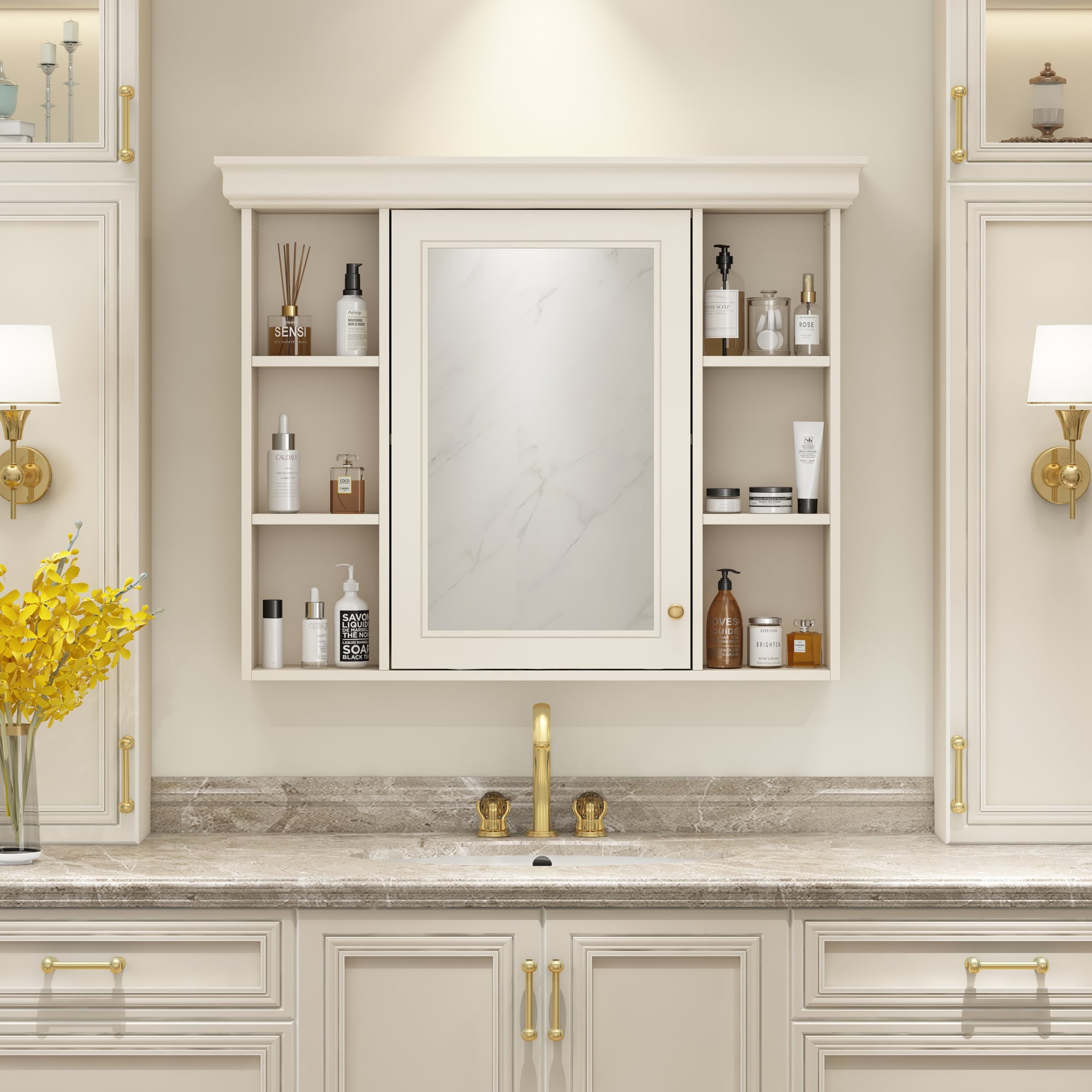 Ayelon 35.5-in x 28.74-in Surface Mount Beige Mirrored Rectangle Medicine Cabinet