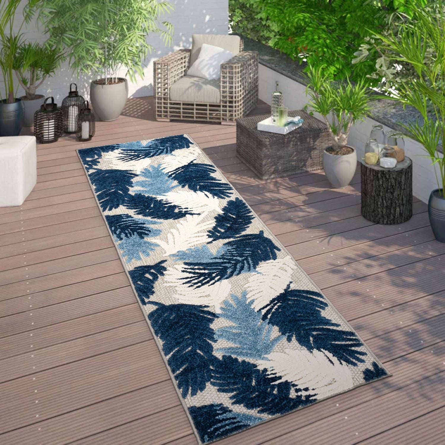 World Rug Gallery 8011NAVY2X7 Patio 2 x 7 (ft) Loomed Polypropylene Navy Rectangular Indoor/Outdoor Floral/Botanical Global Runner rug