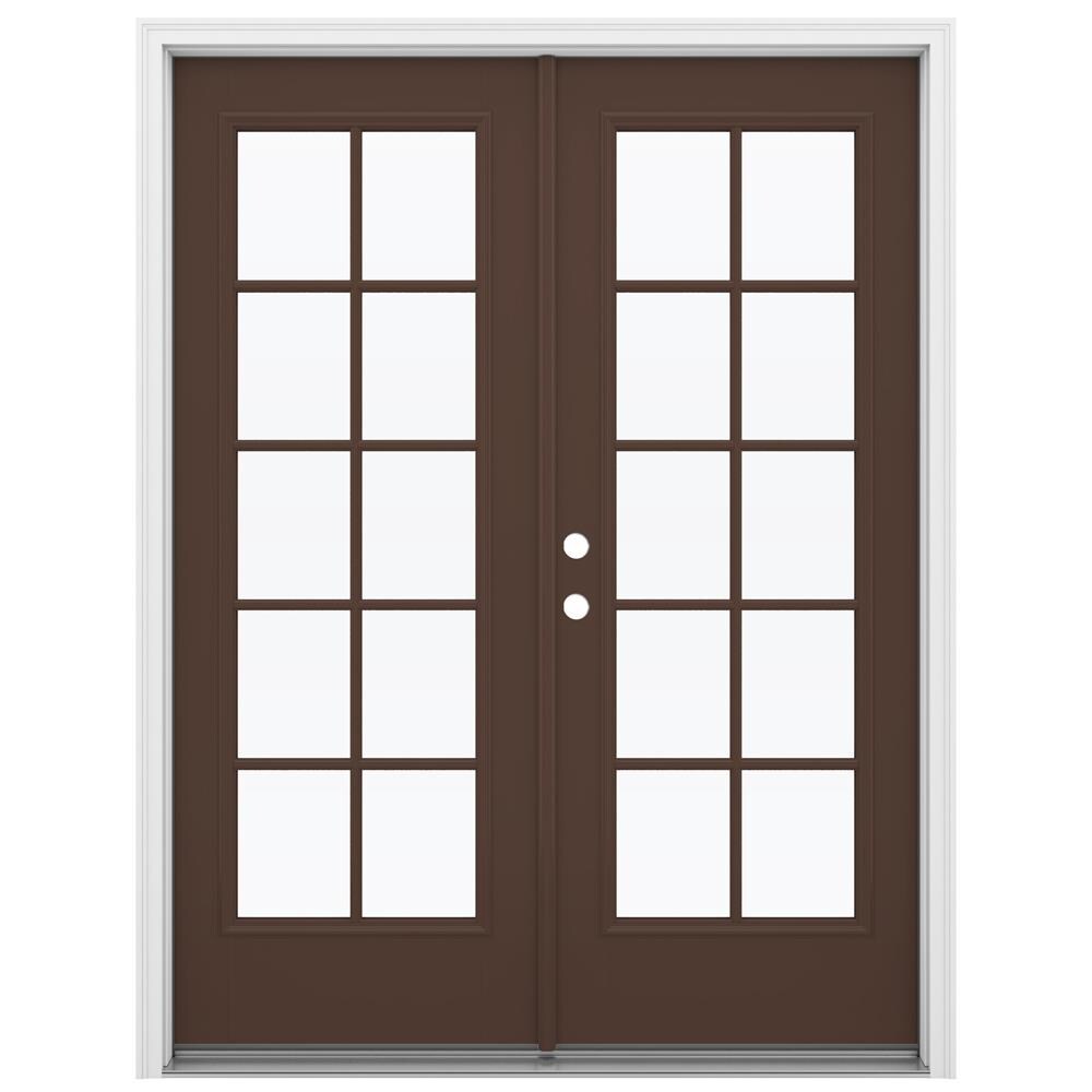 JELD-WEN 60-in x 80-in x 4-9/16-in Jamb Low-e Simulated Divided Light Dark Chocolate Fiberglass French Right-Hand Inswing Double Patio Door -  LOWOLJW182300036