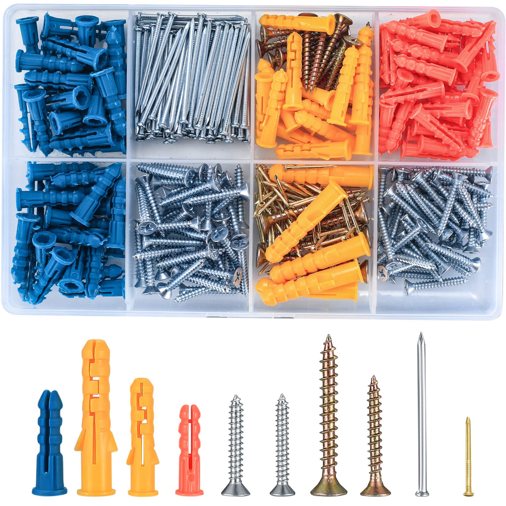 Misopily  360 Pcs Drywall Anchors Screws and Nails Kit with Flat Head Self Tapping Wood Screws and Ribbed Plastic Wall Plugs for Home and DIY Use