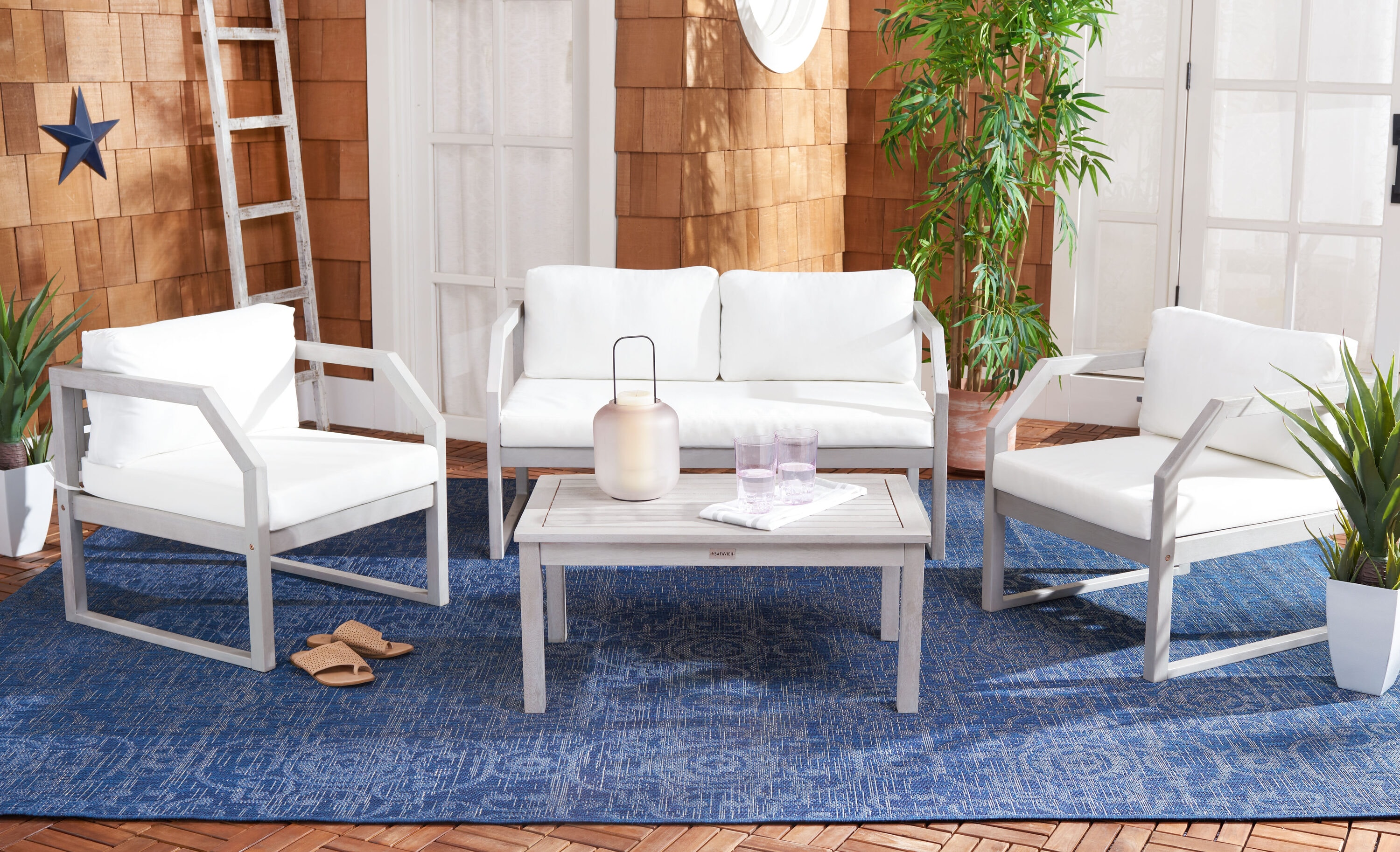 Safavieh PAT7067B Patio 4 -Piece Patio Conversation Set with Off-white Cushions