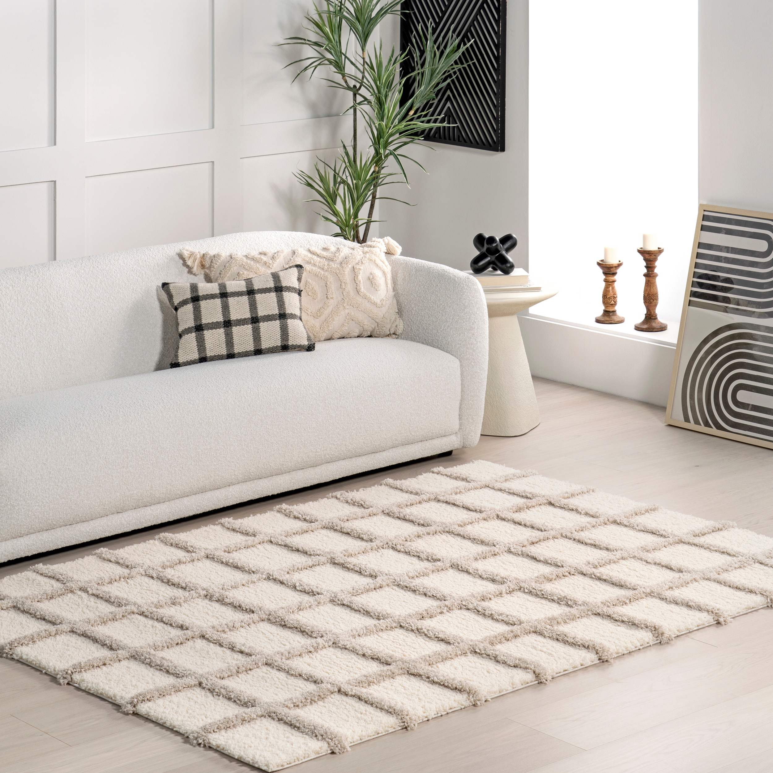 nuLOOM 200KSCM07A-406 Christabel Checkered High-Low Shag 4ft. x 6ft. Beige Area Rug