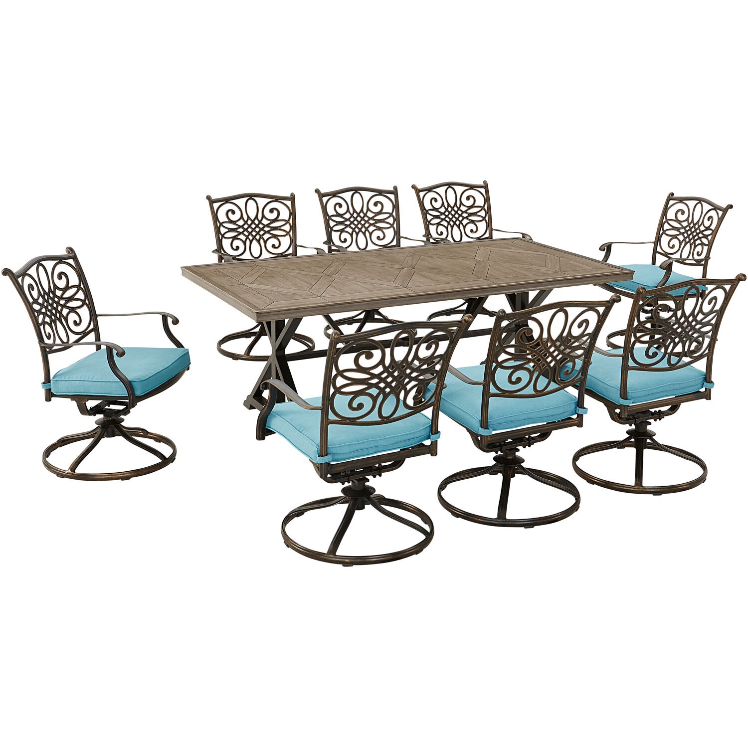 Hanover TRADDN9PTFSW8-BLU Traditions 9-Piece Dining Set in Blue with 8 Swivel Rockers and 42 in x 80 in Tile-Top Farmhouse Table