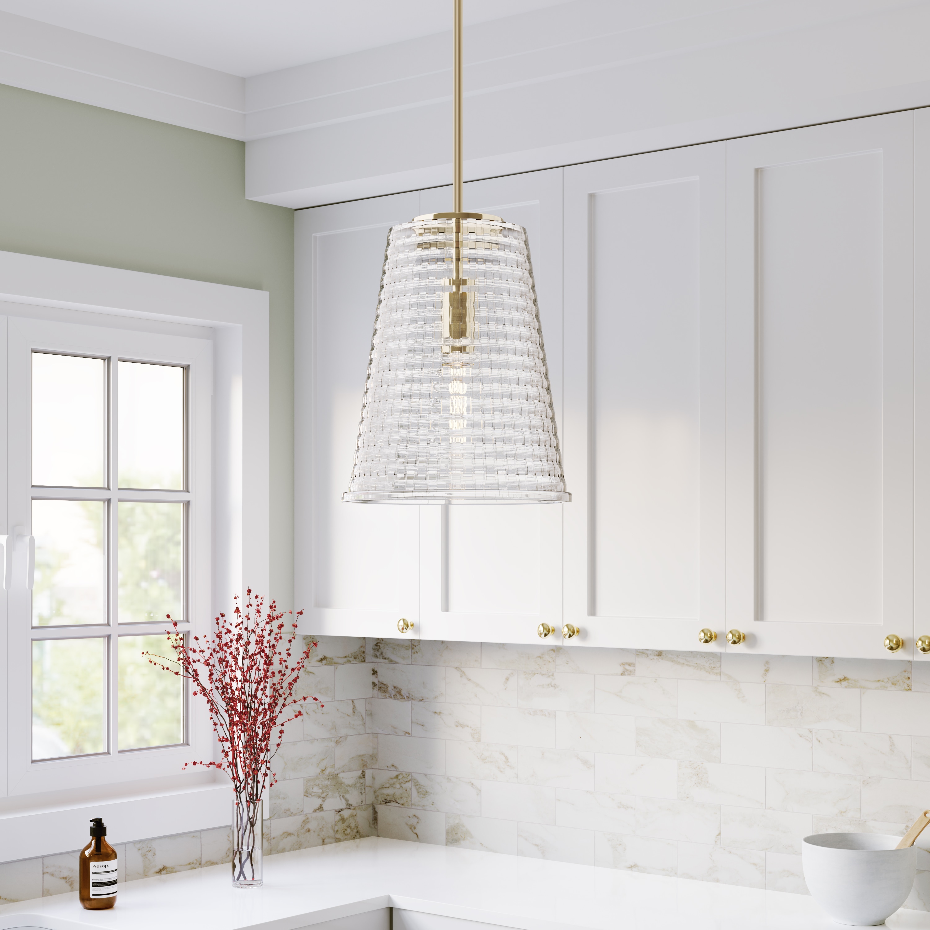 Millennium Lighting Saben 1 -Light Vintage Brass Modern/contemporary Textured glass Cone Small Hanging Pendant Light
