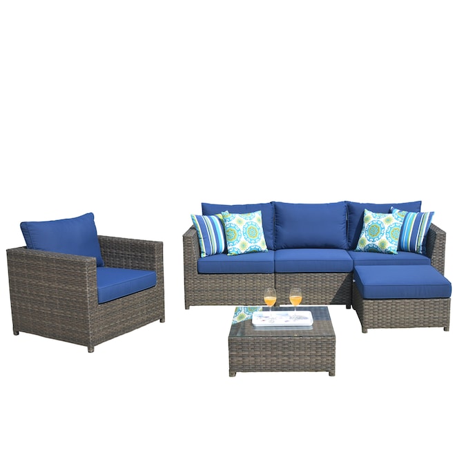 6 Piece Rattan Patio Conversation Set, Outdoor Furniture With Navy Blue Cushions