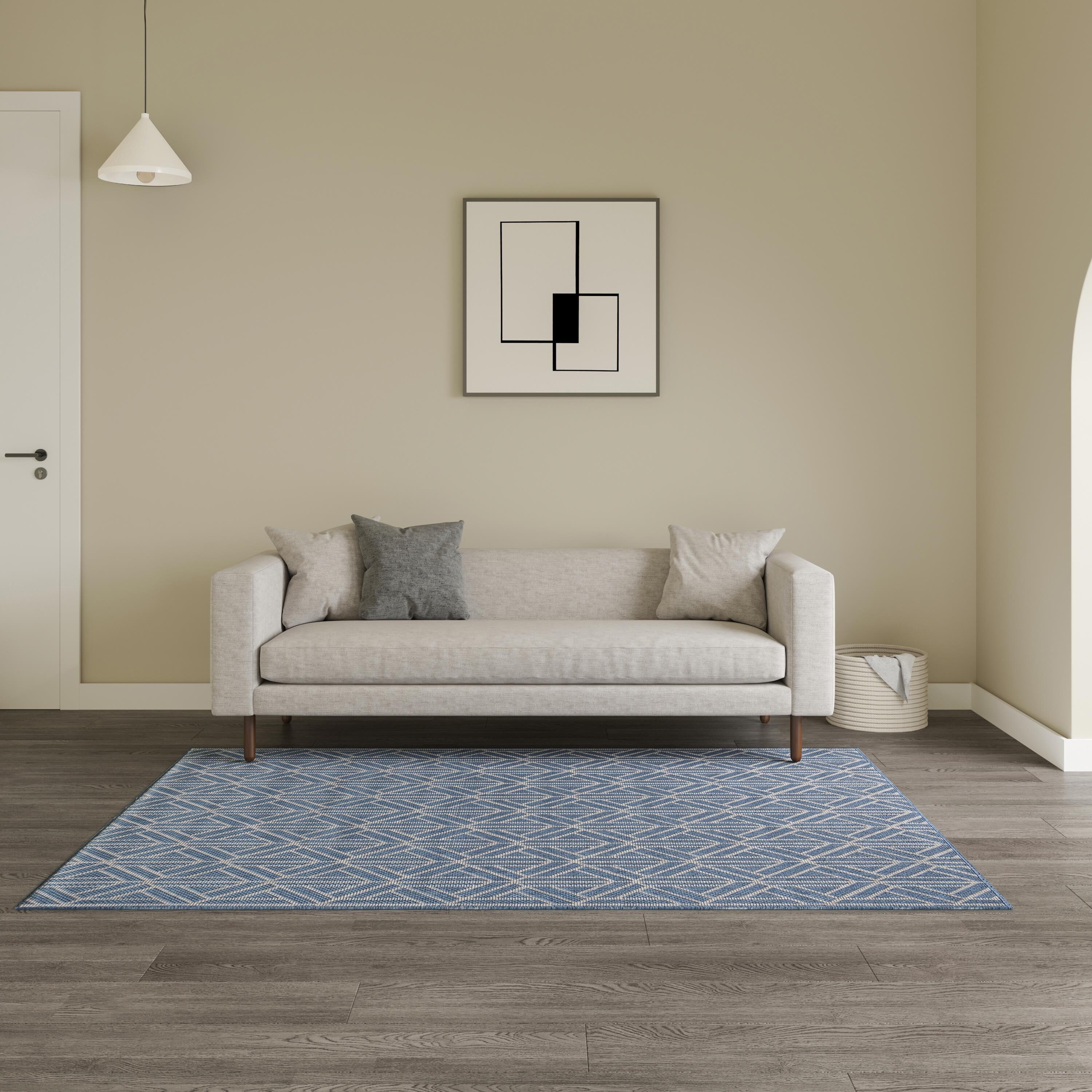 MH LONDON MH-RG-2020 MB Indoor/Outdoor Rugs 5 x 8 (ft) Tufted Polypropylene Blue Rectangular Indoor/Outdoor Geometric Area rug