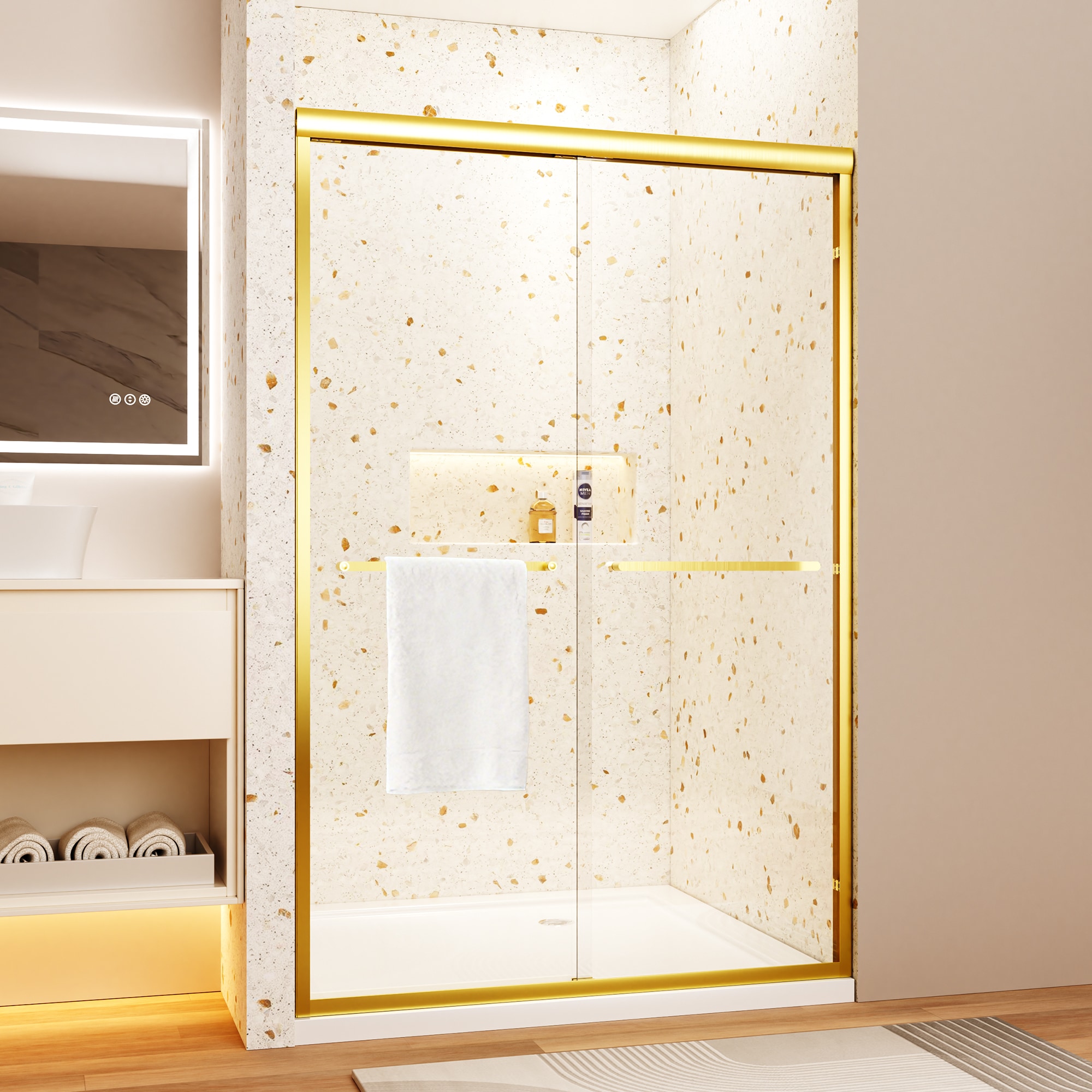 GDFStudio Modern Brushed Gold 44-48 in W x 72 in H Aluminum Double Sliding Shower Door with 1/4 in (6mm) Clear Tempered Glass Explosion-Proof Film and Dual Handles