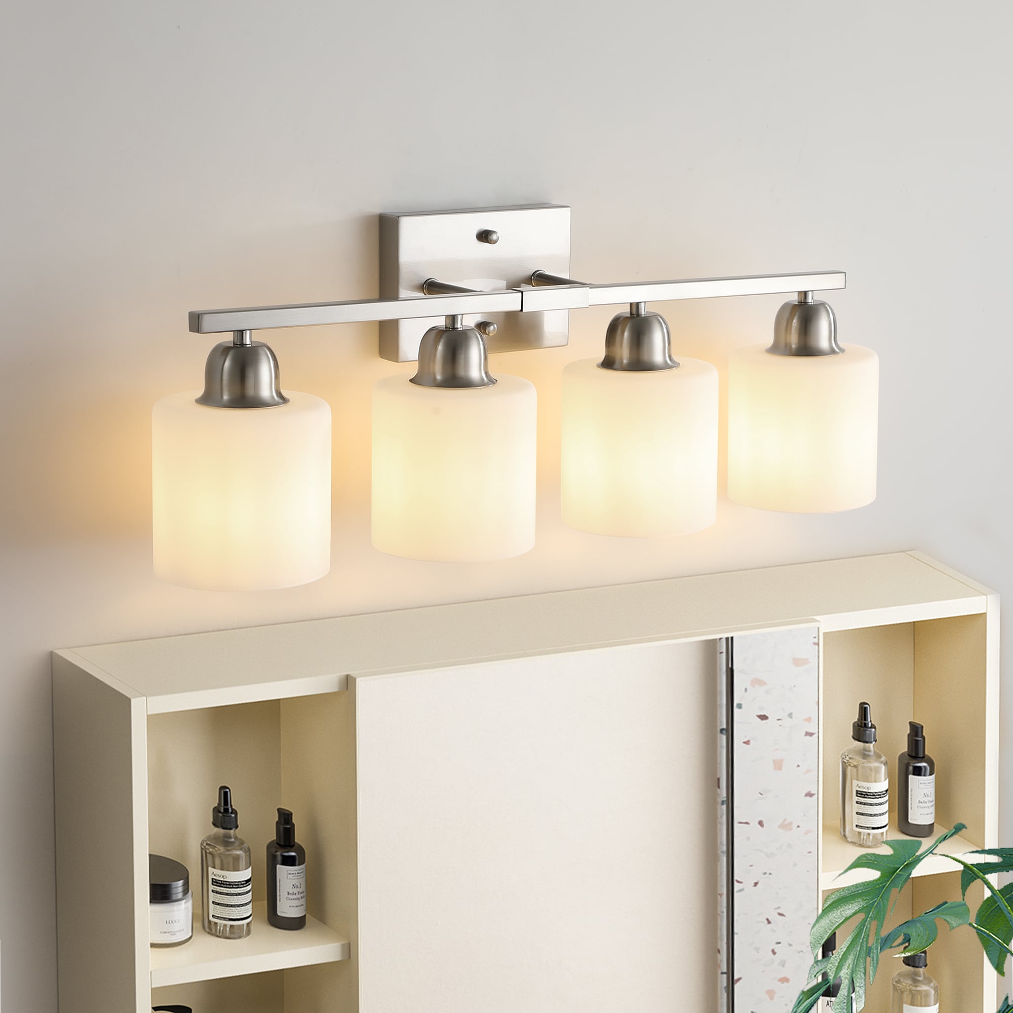 Zitrend 25-in Brushed Nickel Bathroom Vanity Light Modern 4-Light Steel Wall Fixture with Frosted White Glass Cylinder Shades for Mirrors