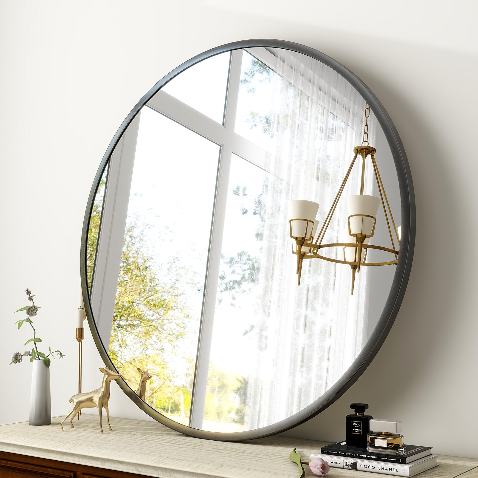 BEAUTYPEAK 24-in W x 24-in H Round Black Framed Wall Mirror in the ...