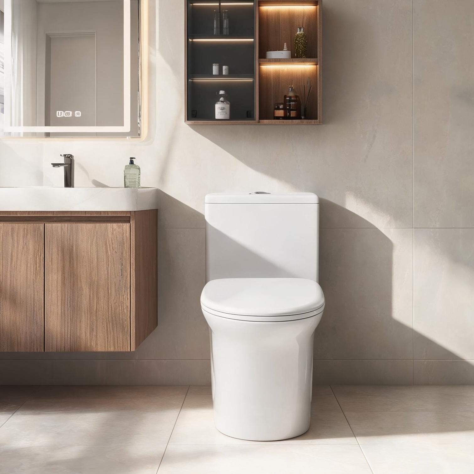 Naturefalls - Elongated One-Piece Toilet with Dual Flush in Soft White Ceramic Comfort Height Flo...
