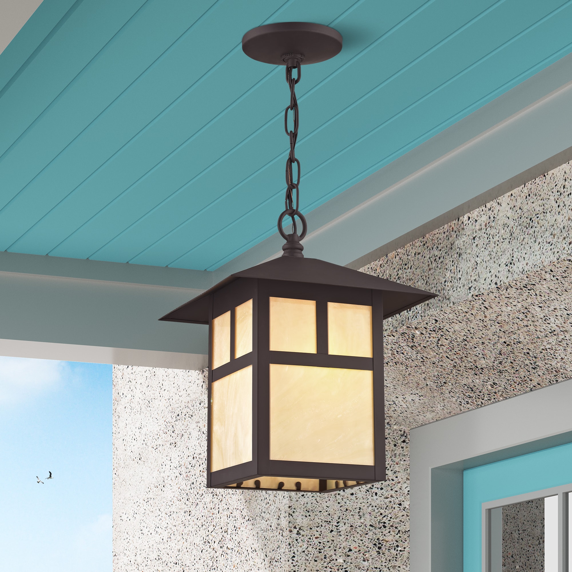 Bronze Finish Montclair Mission 1-Light Outdoor Pendant with Iridescent Tiffany Glass