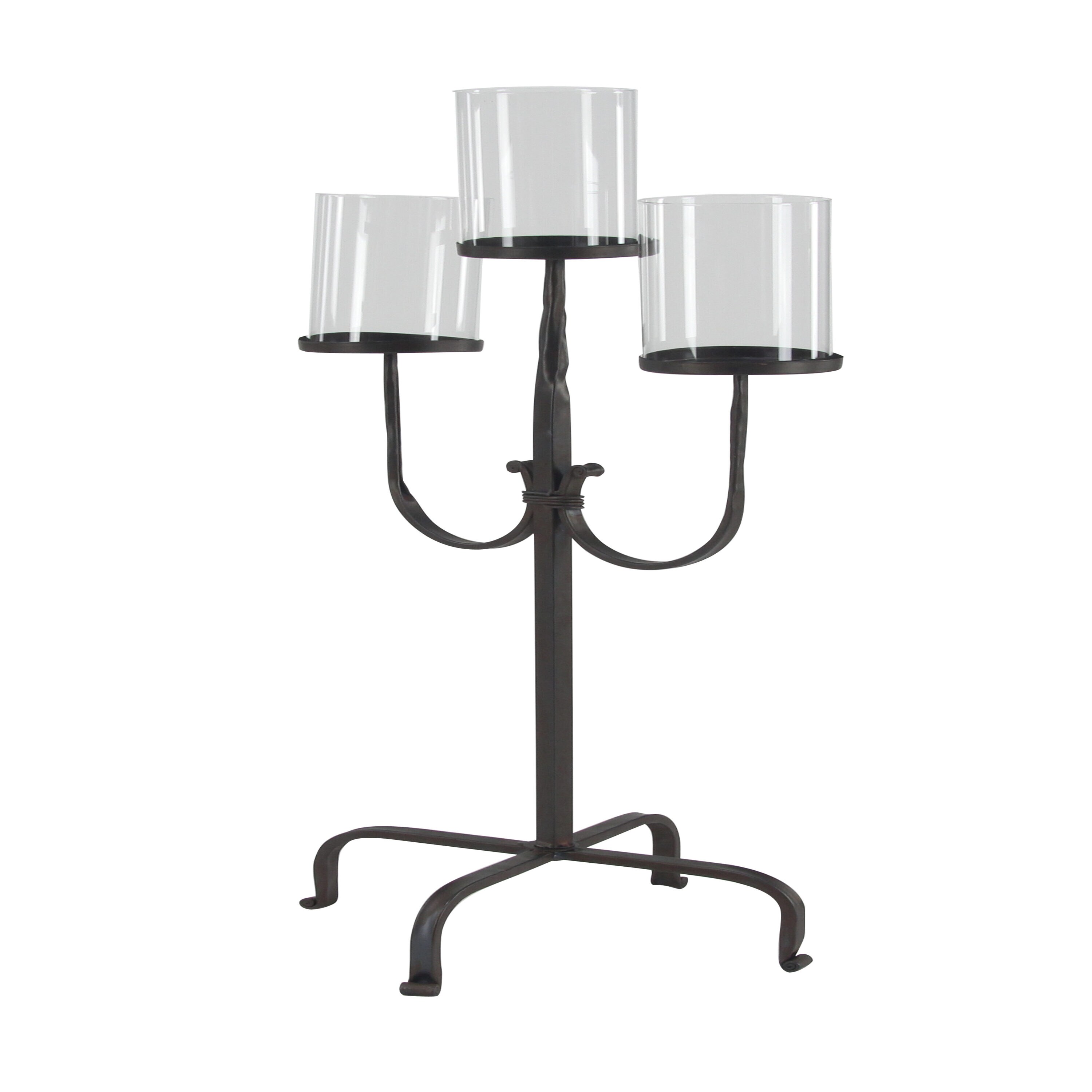 Black Iron 3-Light Hurricane Candelabra with Glass Shades