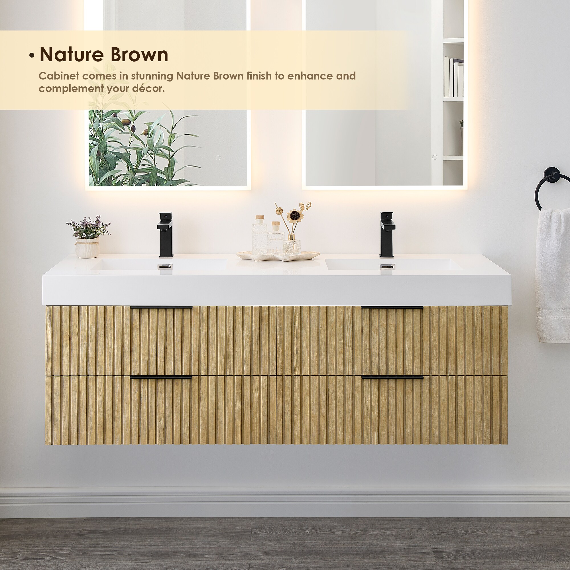 Livia 60" Nature Brown Fir Wood Wall-Mounted Vanity