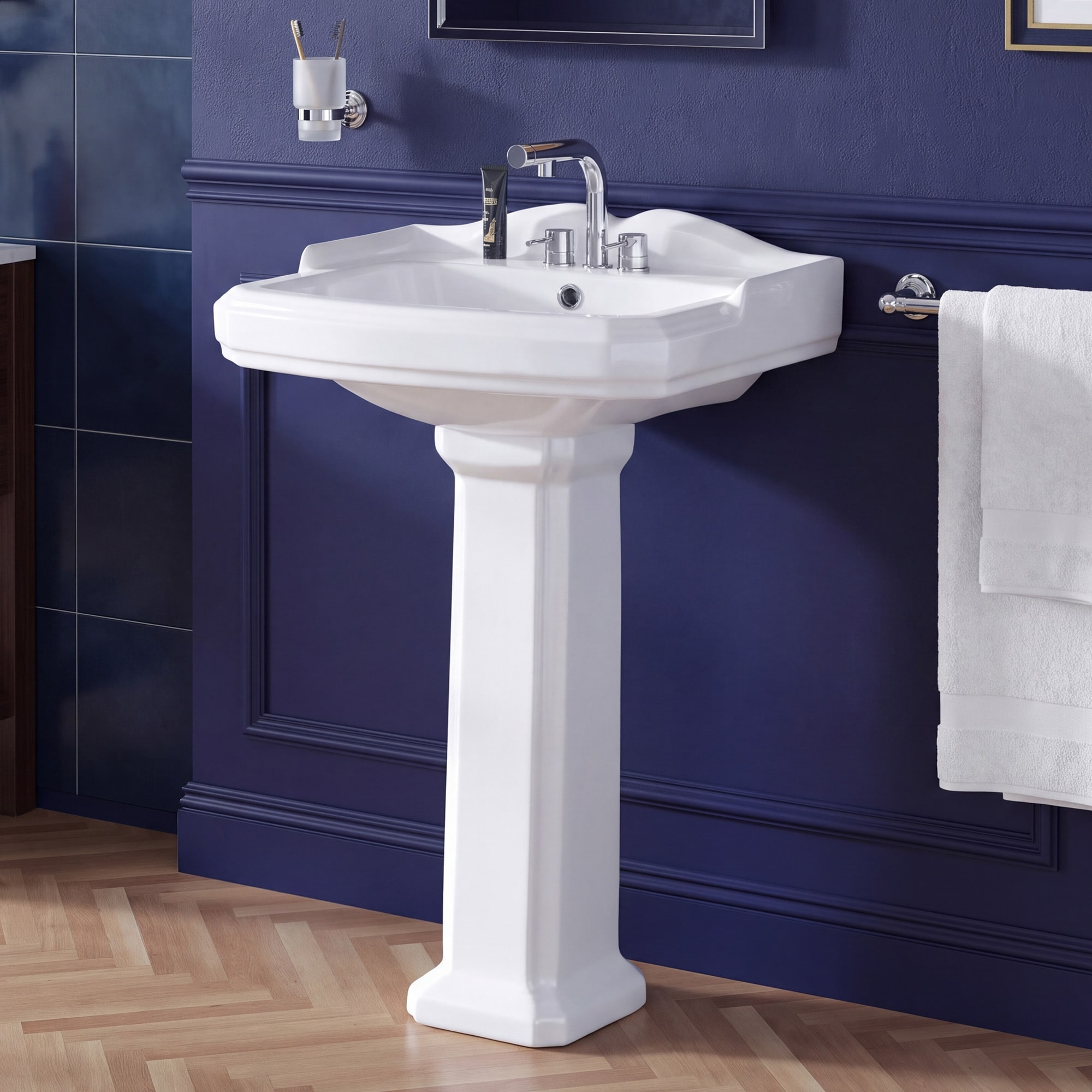 Miuara Freestanding 23-in x 19-in ADA Compliant Vitreous China Retro Pedestal Sink White 3 Hole for Bathroom or Laundry or Aisle or Small Space (Backsplash Design) - with 1 Overflow Hole