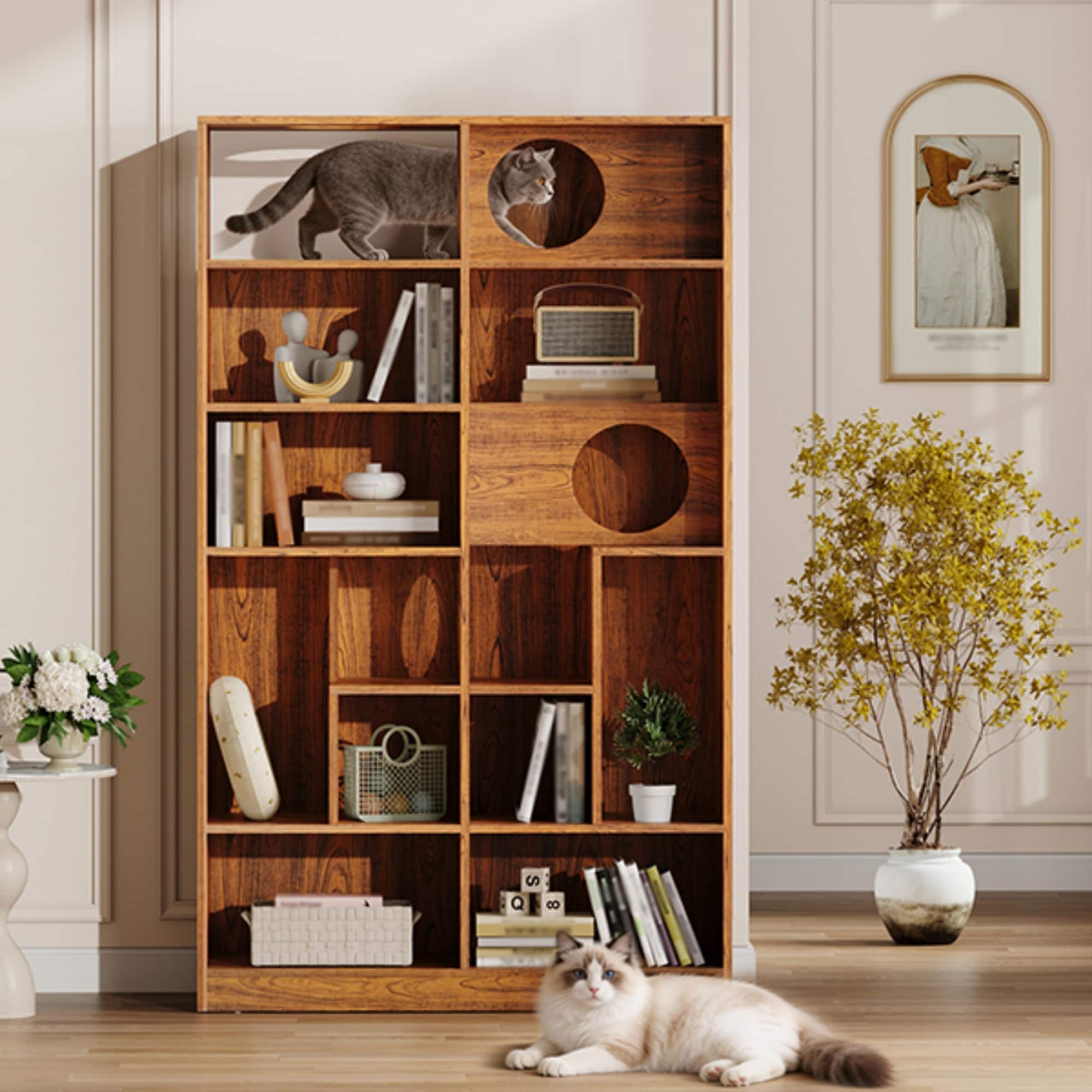 Mondawe 2in1 Wood Bookshelf and Cat House with Cat Tunnels Brown