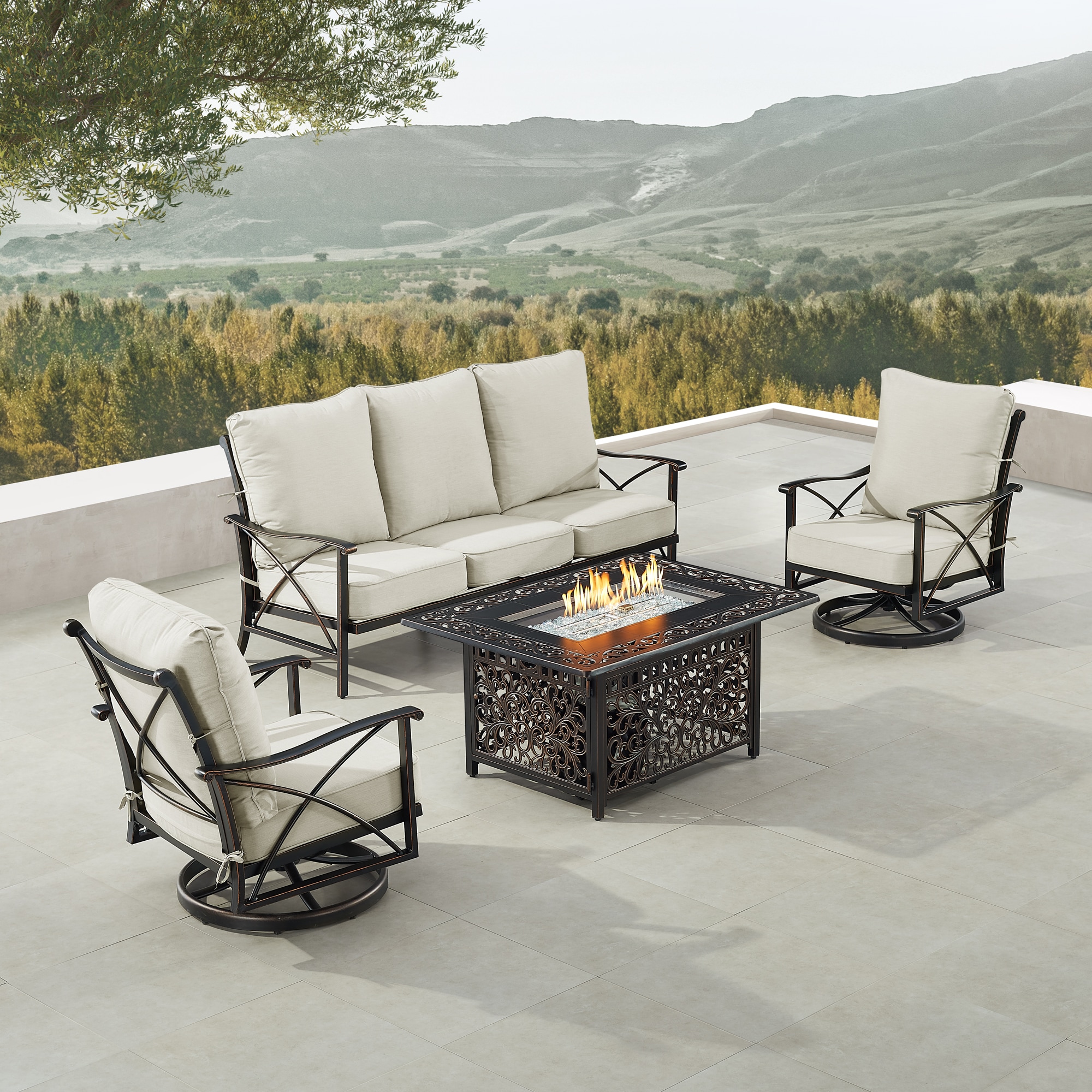 Oakland Living AHRI1SF2CHCABOSLGCUA Fire Pit Table Set, Sofa and Two Lounge Chairs 15-Piece Patio Sofa Conversation Set with Gray Cushions