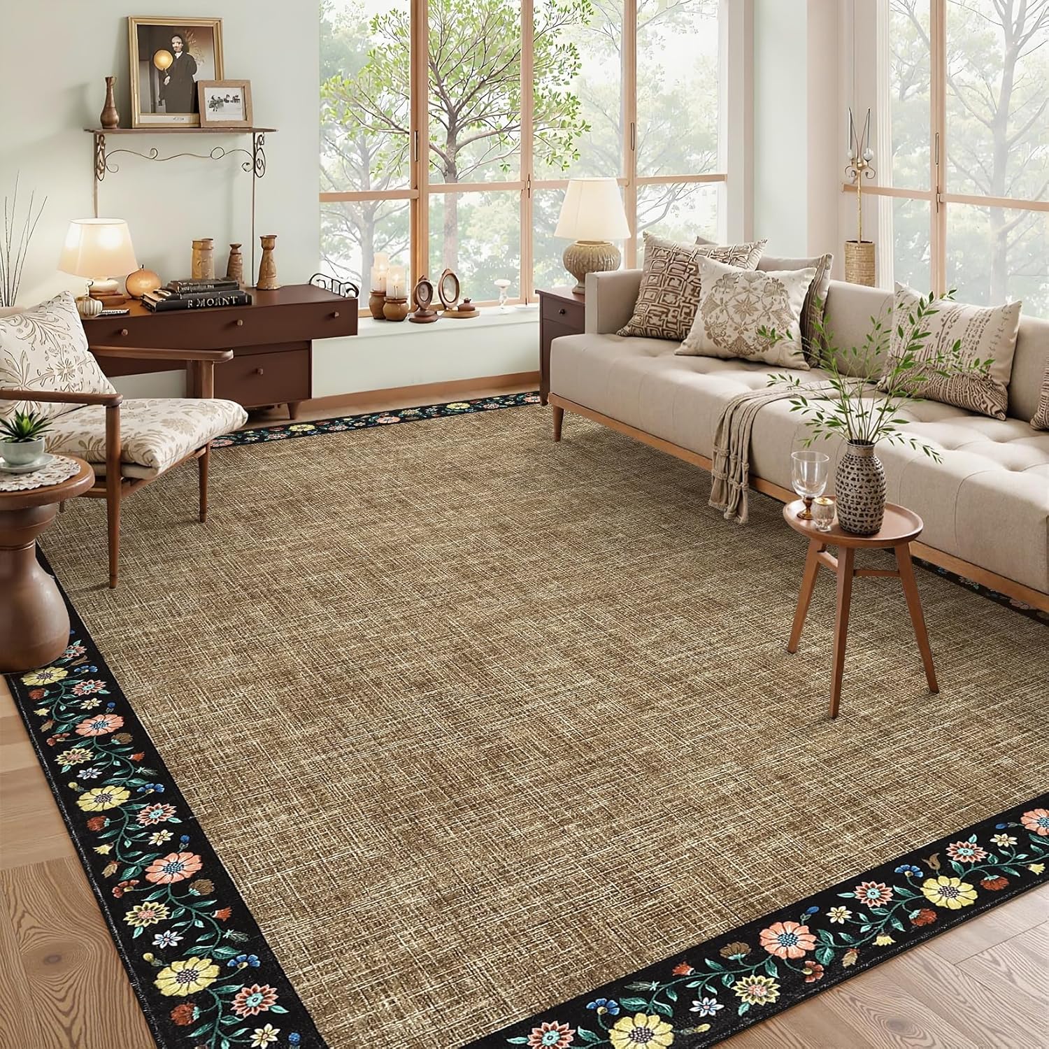 IdealHouse Washable Living Room Rug 9x12 Floral Bordered Area Rugs Soft Thin Indoor Carpet for Bedroom Modern Throw Aesthetic Mat Non Slip Stain Resistant Carpet for Dining Room Office Brown #JOEY-CPTGOLD8BI9W