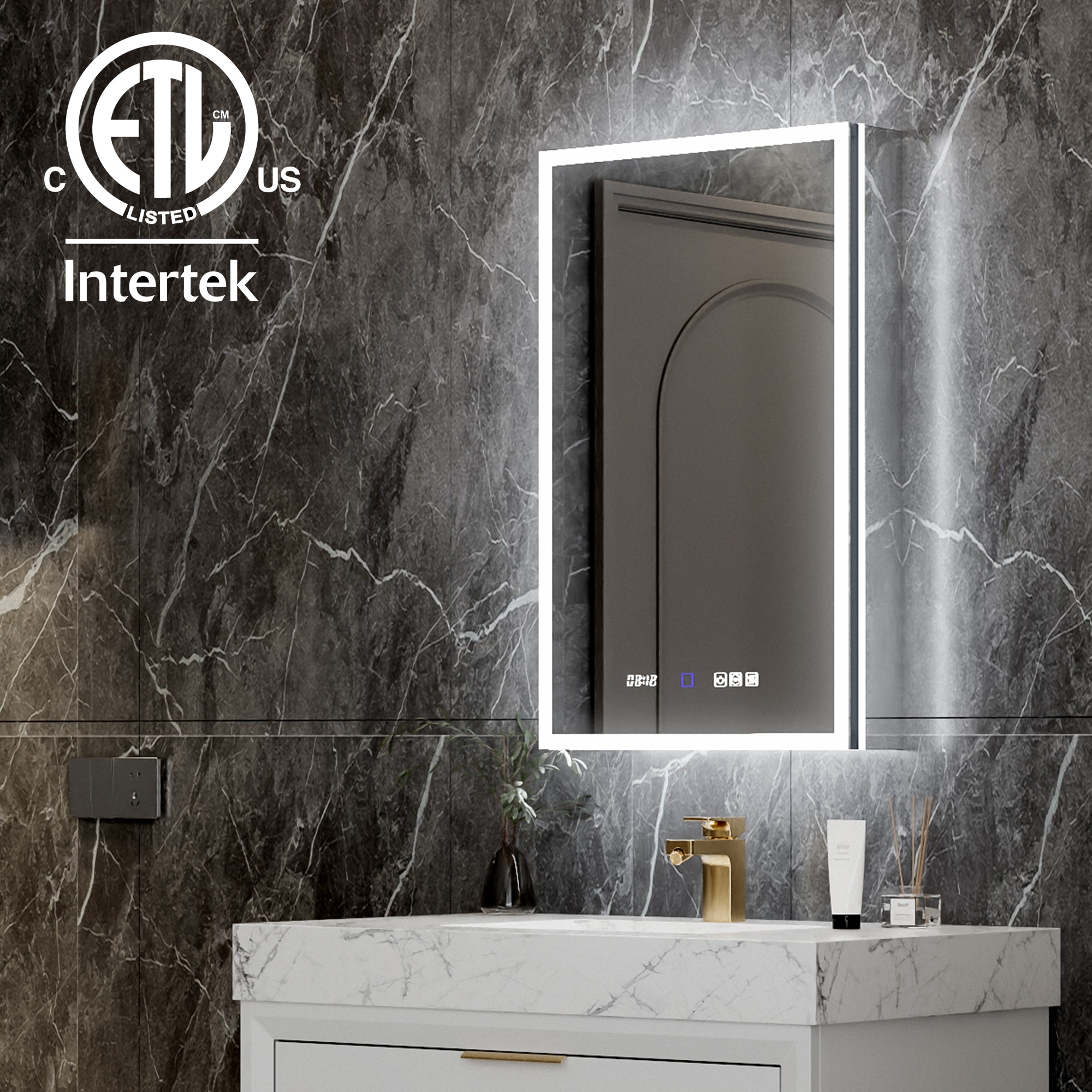 AAZJ JDEX-V12MED2032R V12 LED Medicine Cabinet 20-in x 32-in Lighted LED Fog Free Surface/Recessed Mount Silver Mirrored Rectangle Medicine Cabinet with Outlet