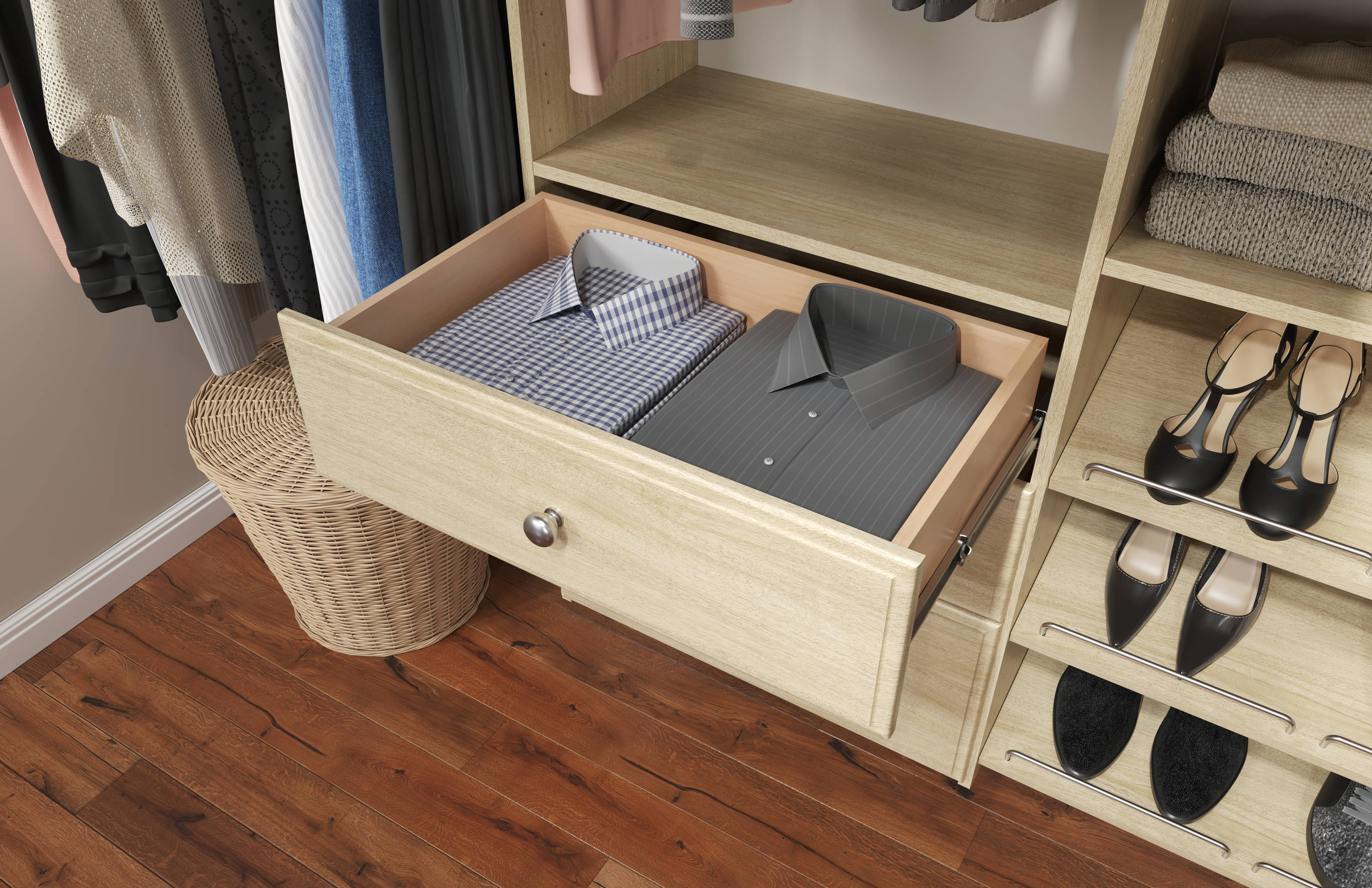 Honey Blonde Dual Tower Closet Organizer with Drawers