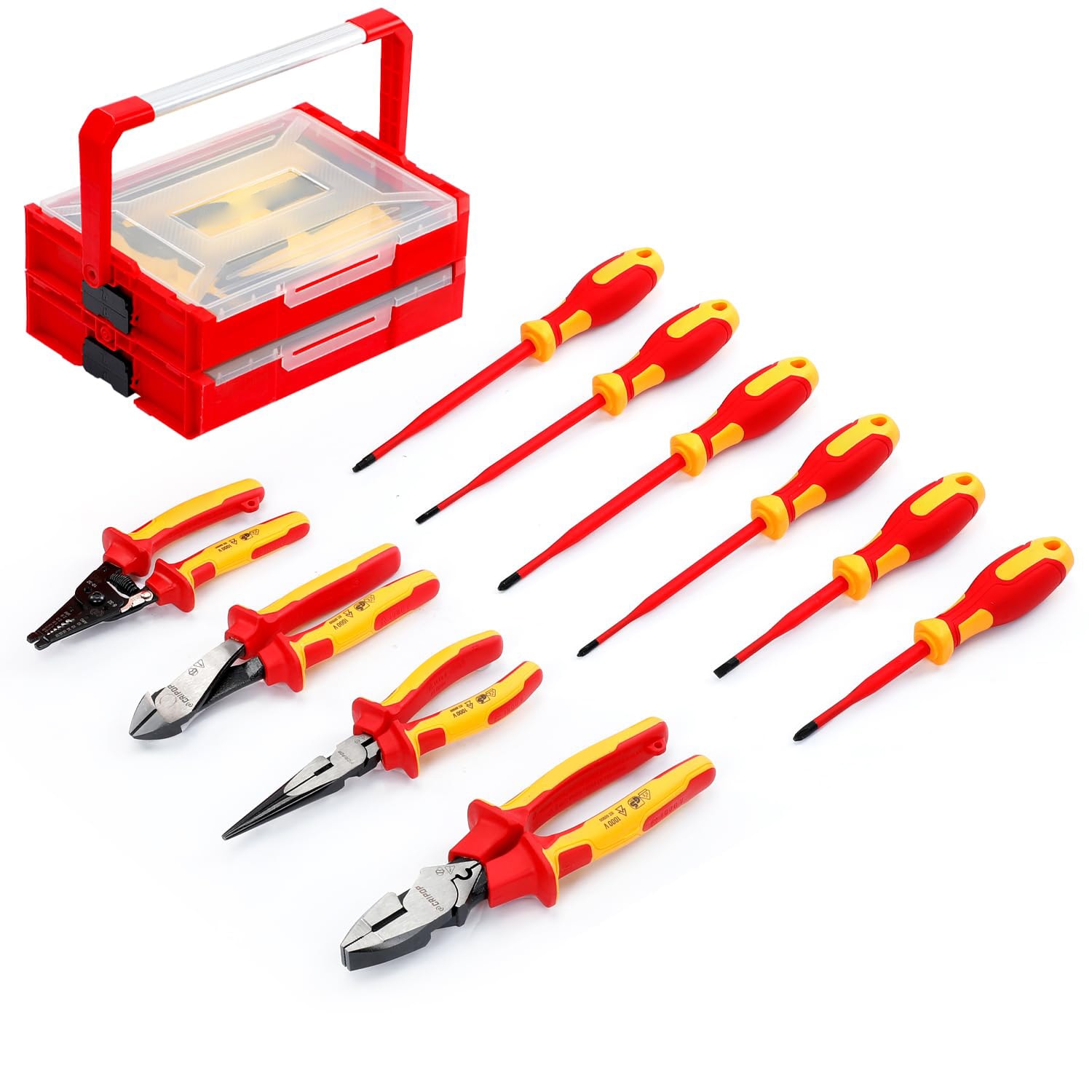 Etokfoks Insulated Electrician Hand Tool Set 10 Piece Red Yellow Case Ergonomic Handle 1000V Safety Certified #LETEKZ0G3