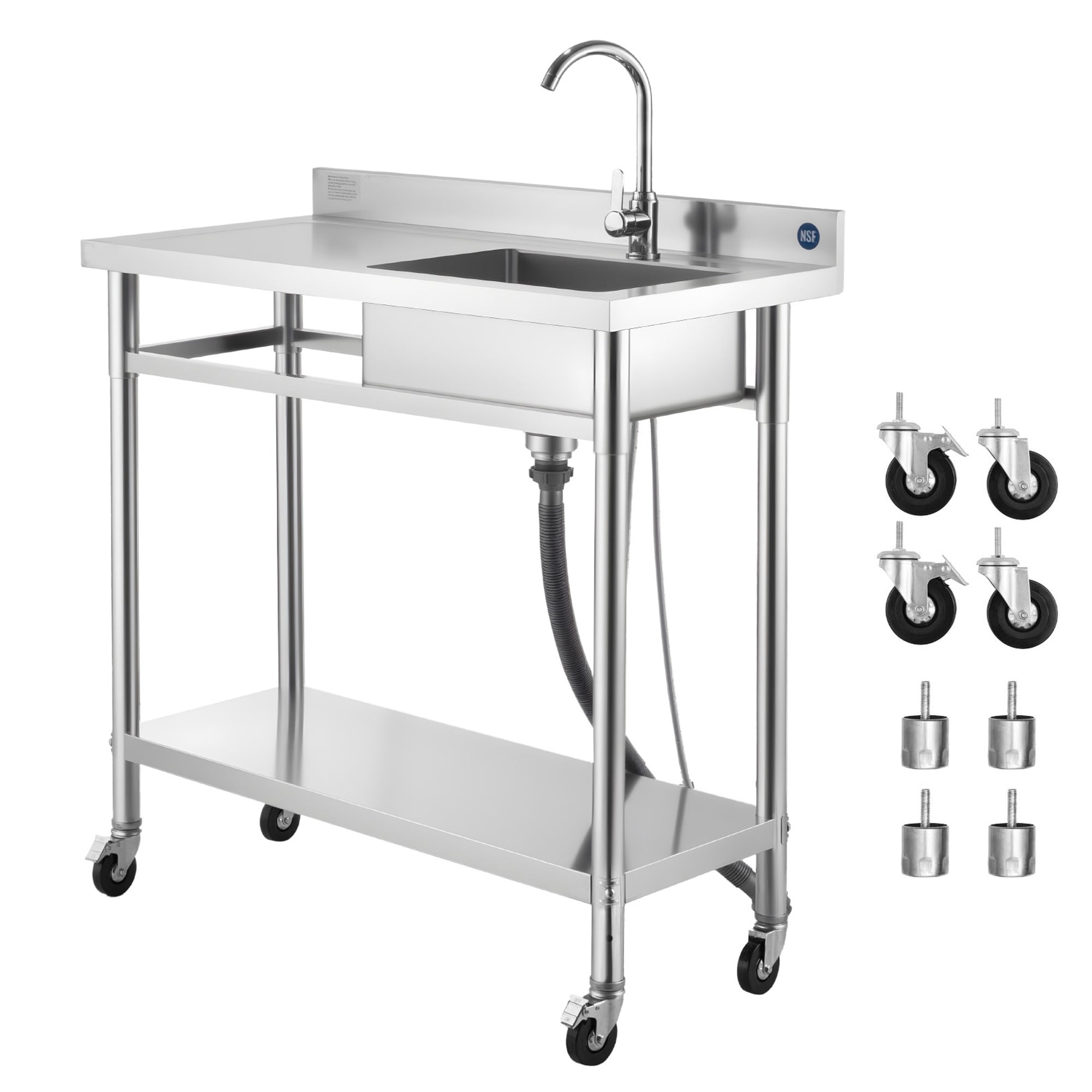 HyperDrop Cart 39.4 x 19.7 x 41.5 in Rolling Single Bowl Stainless Steel Commercial Utility Sink with Wheels Faucet Hot and Cold Pipe