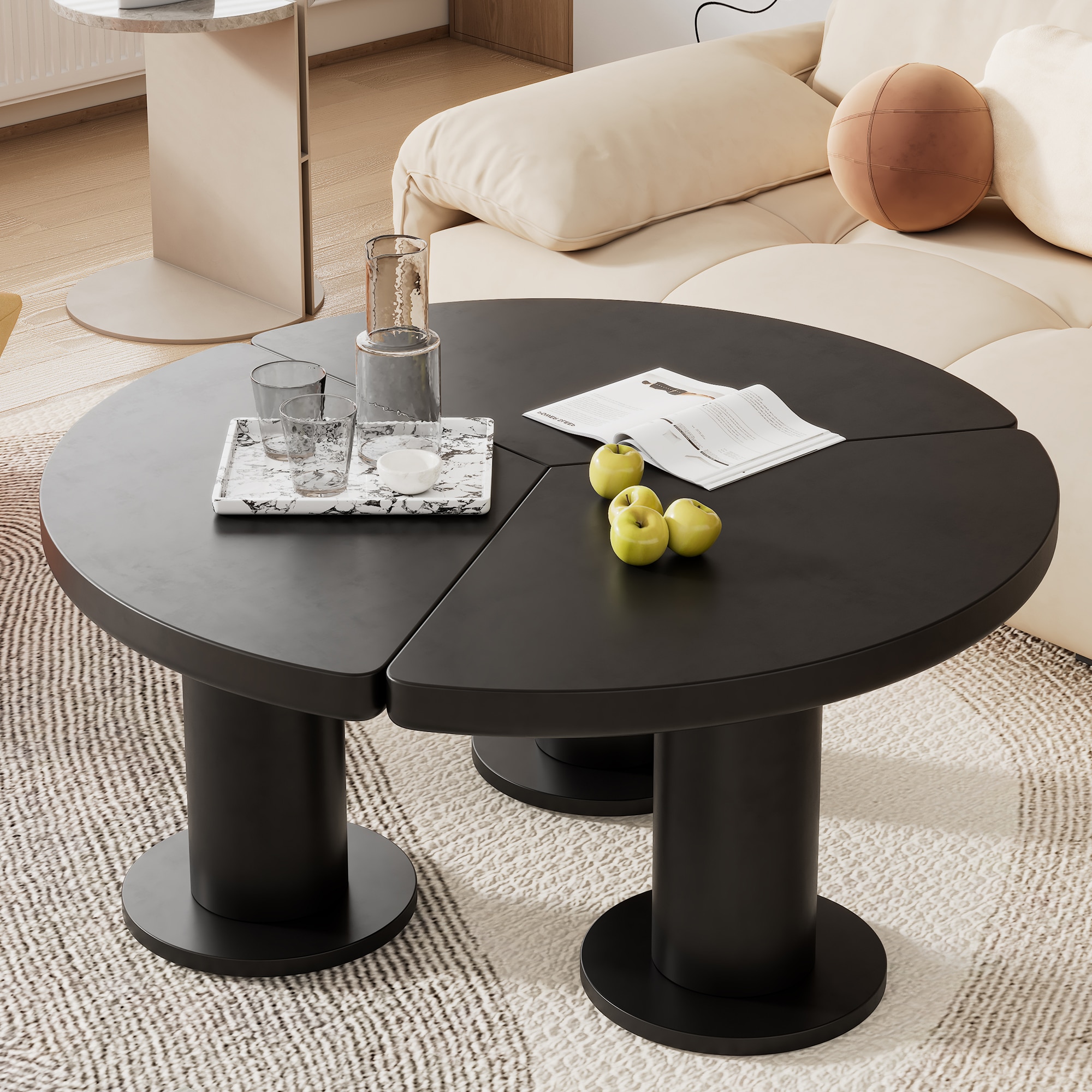 ModernLuxe N721P190396B Easy Assembly Round PetalShaped Coffee Table Cream Style Center Table with 3 Thick Legs Minimalist Irregular End Table with Sleek Round Edges for Living Room Black
