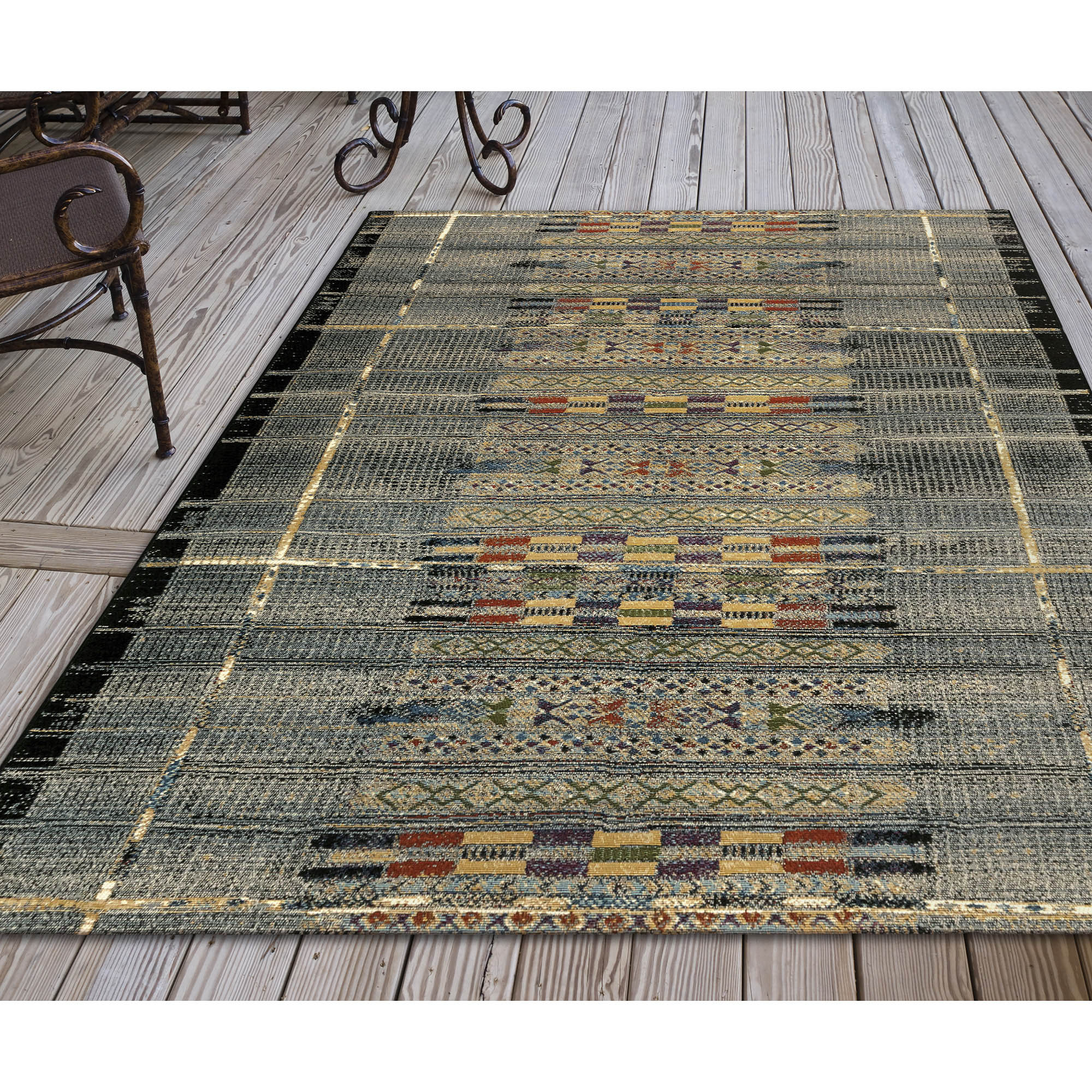 Liora Manne MNA80805748 Marina 8 x 10 (ft) Polypropylene Black Rectangular Indoor/Outdoor Stripe Bohemian/Eclectic Area rug