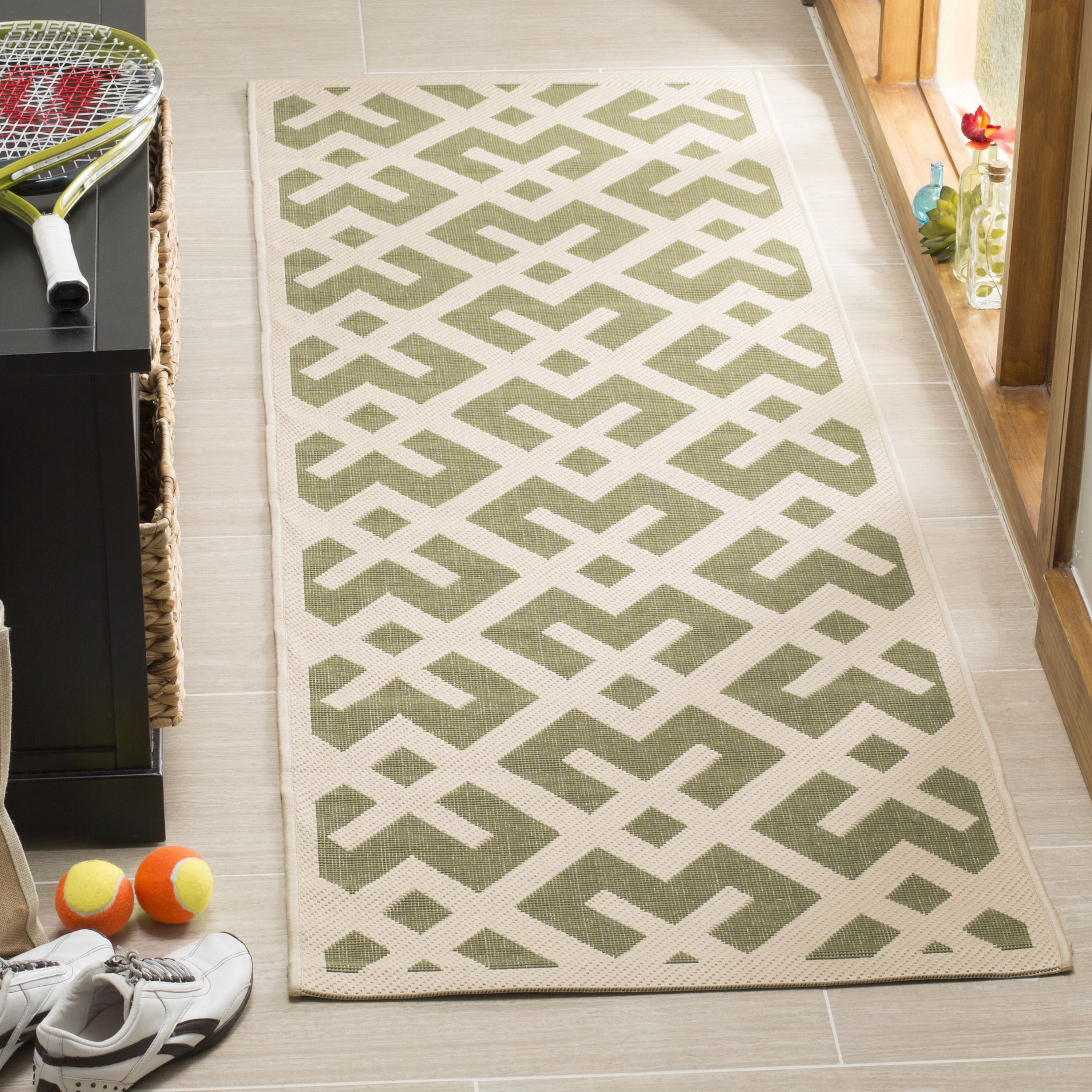 Safavieh CY6915-234-212 Courtyard Chateau 2 x 12 (ft) Loomed Polypropylene Green/Bone Rectangular Indoor/Outdoor Geometric Coastal Runner rug
