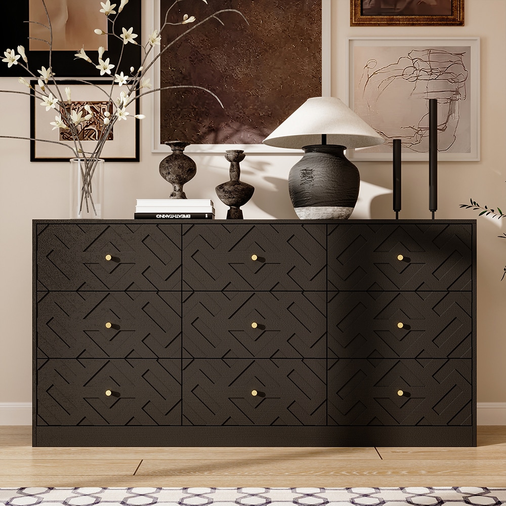 Homsee V-KF200288-01 Black 9 Drawer Dresser Cabinet with Carved Textured Fronts and Gold Handles Modern Wide Storage Chest