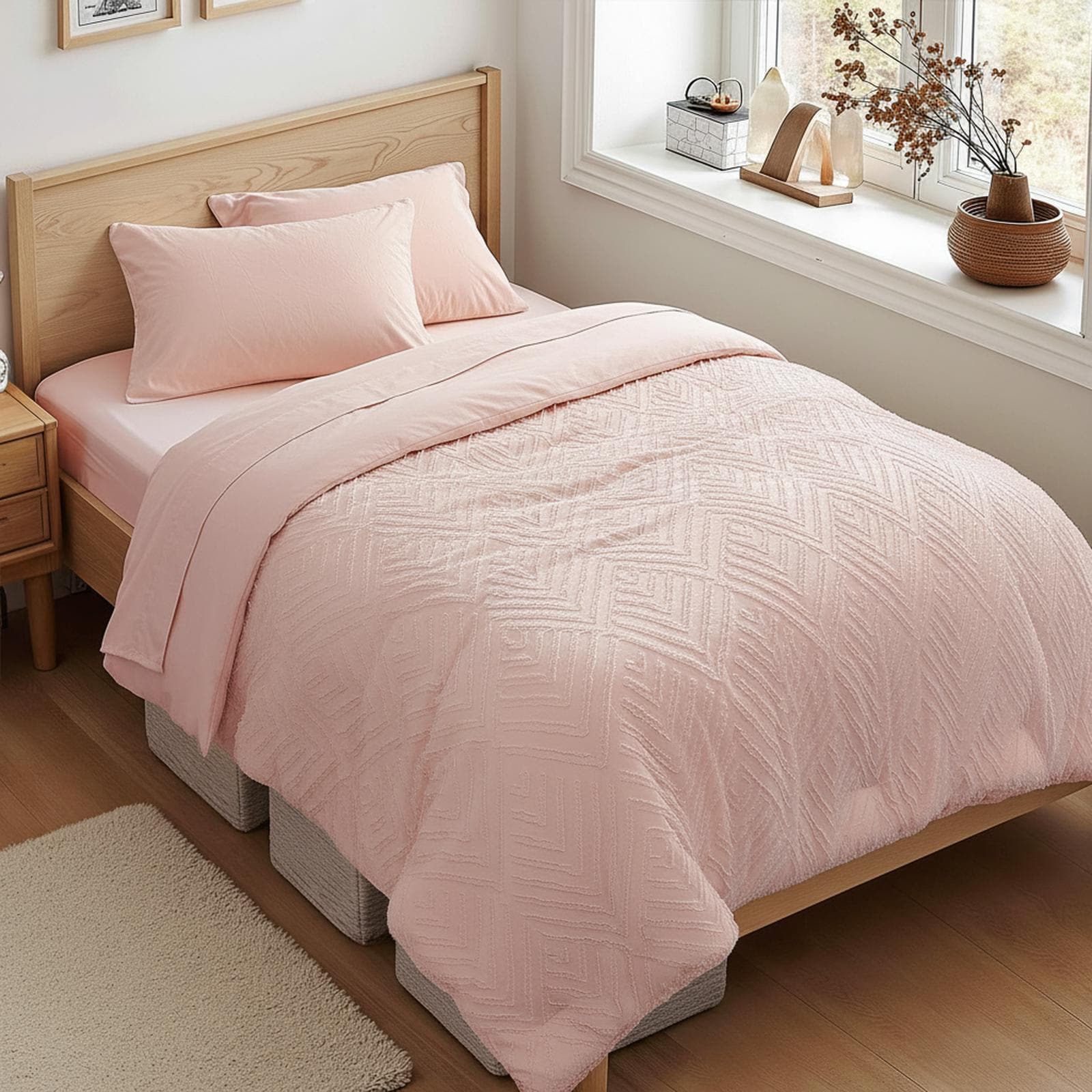 OMOMMD Twin Comforter Tufted Boho Bedding All Season Cozy Soft with Pillow Shams Pillowcases Flat Fitted Sheet