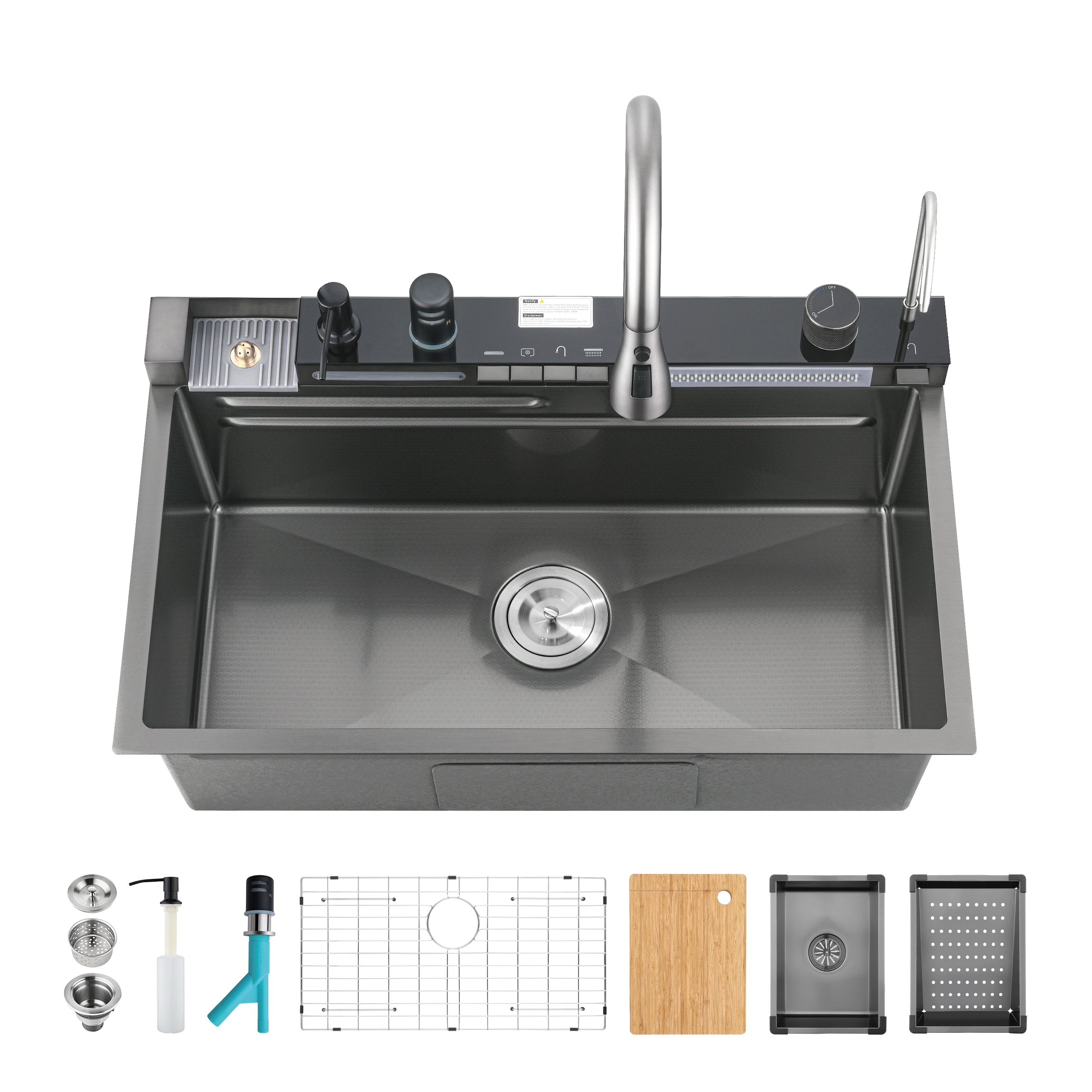 JUSHUA Black 30 inch x 18 inch Pull Out Faucet Single Bowl 304 Stainless Steel Whale Waterfall Kitchen Sink with Dishwasher Accessories and Vegetable Washing Basin