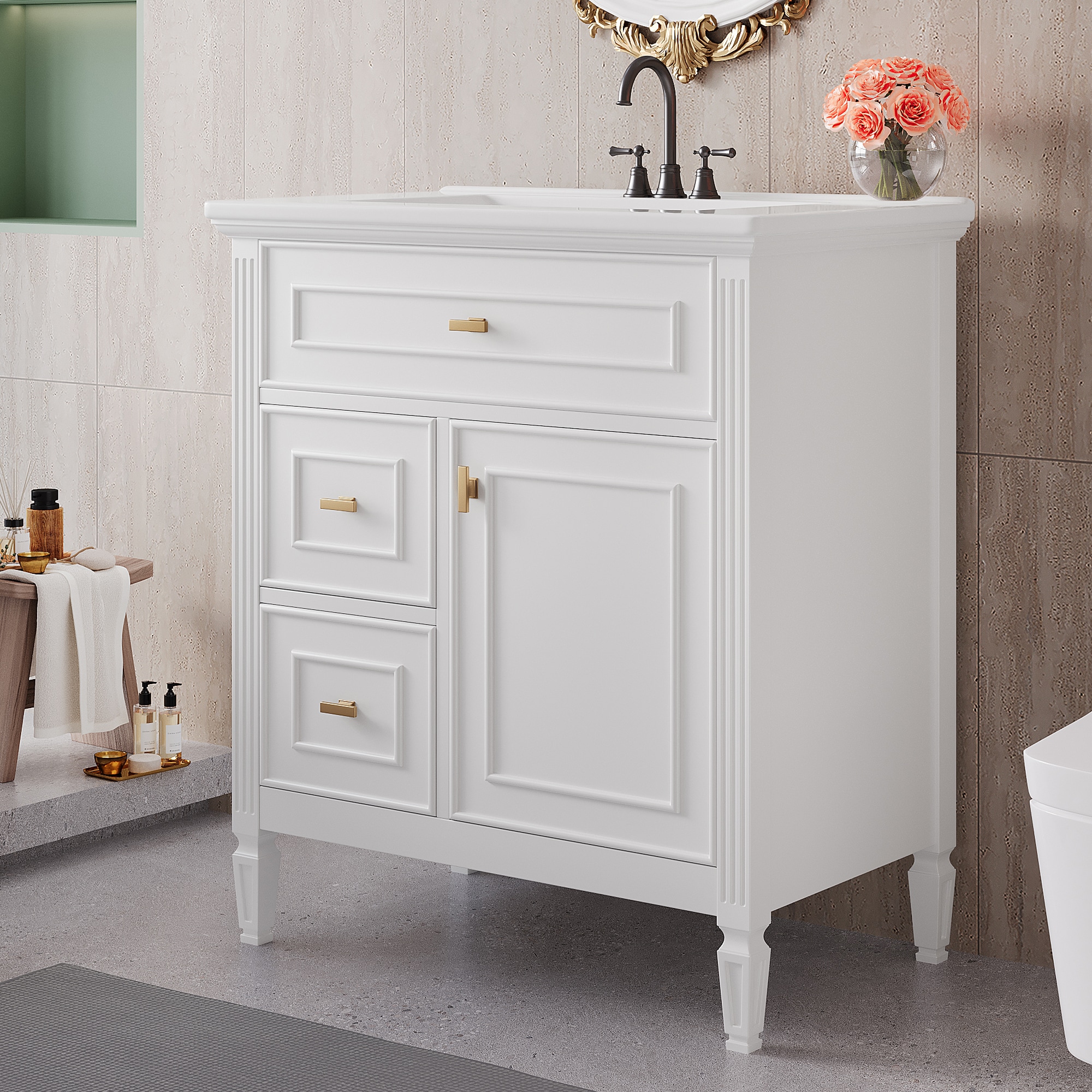 CASAINC One Flip Drawer and Two Drawers, Adjustable Shelf 30-in White Single Sink Bathroom Vanity with White Ceramic Top