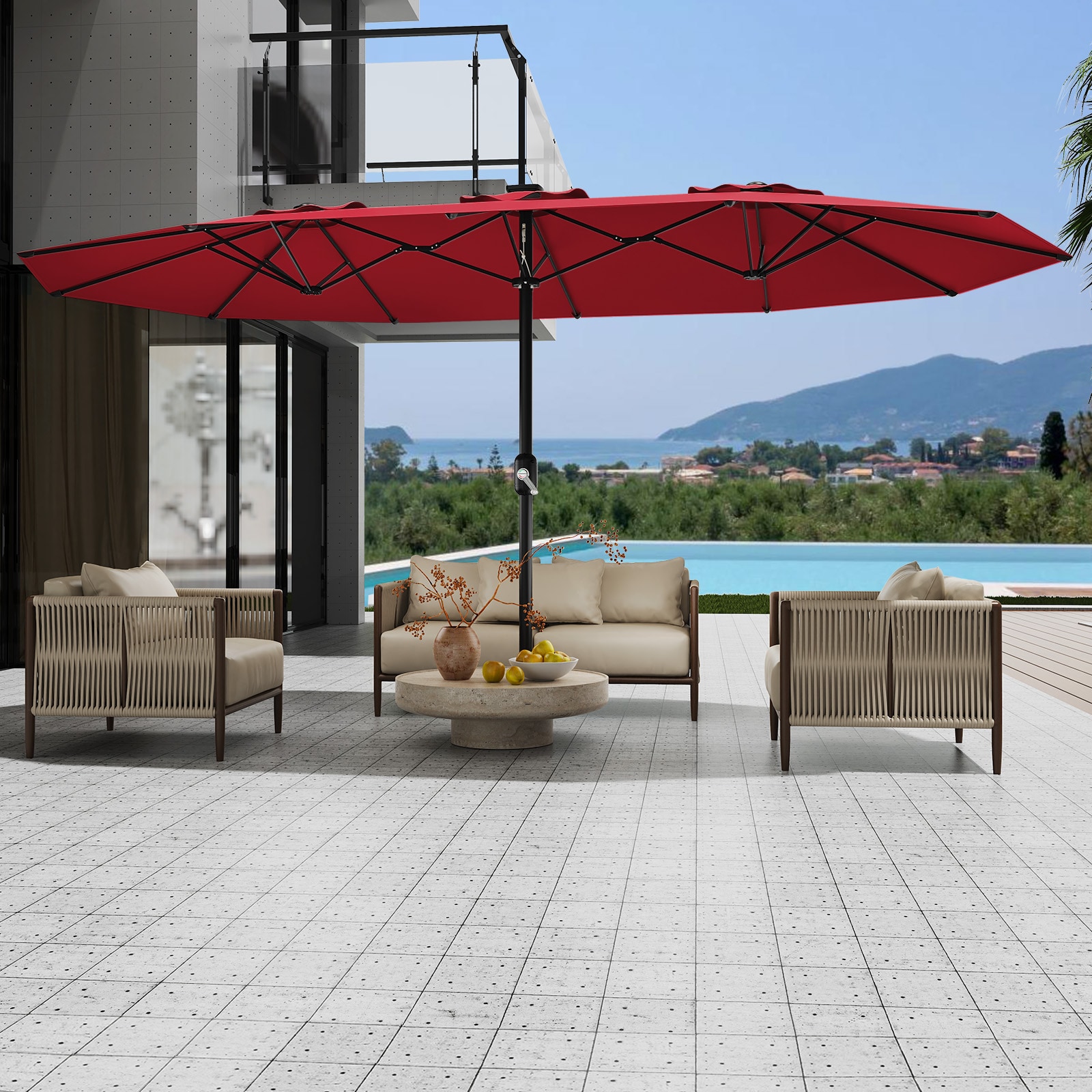large waterproof patio umbrellas PHI VILLA 15ft Outdoor Umbrella with Base Included, Navy Blue creating a cozy atmosphere with an automatic charging system for your convenience IdealHouse 15FT Double Sided Rectangular