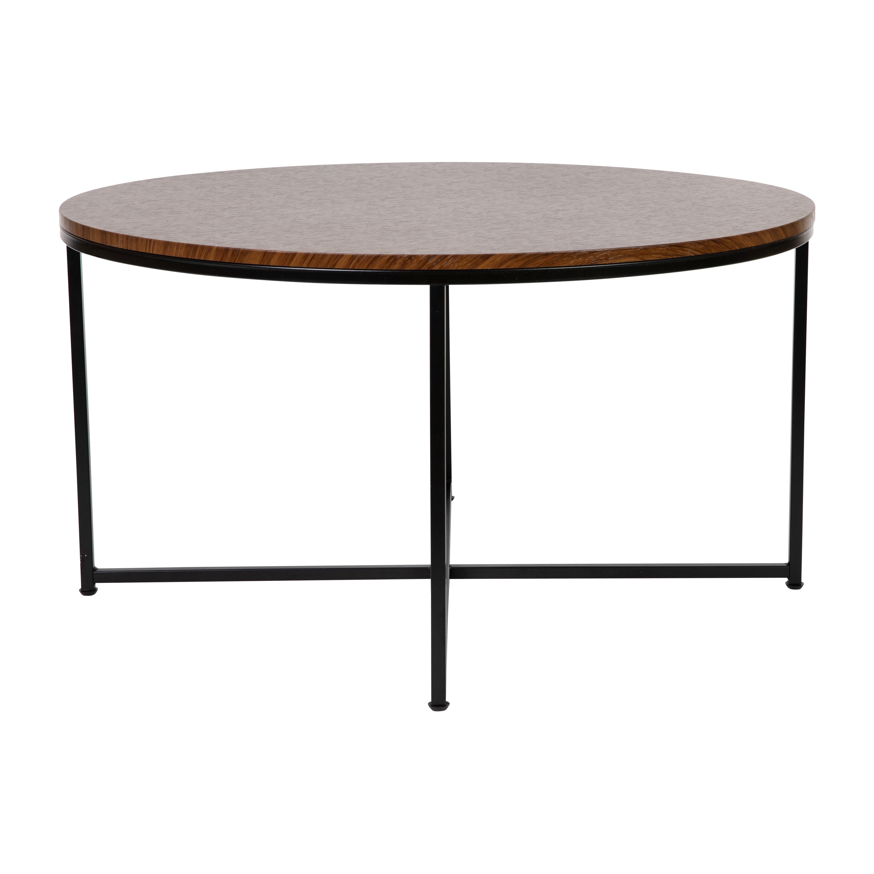 Walnut Finish Round Coffee Table with Matte Black Metal Frame