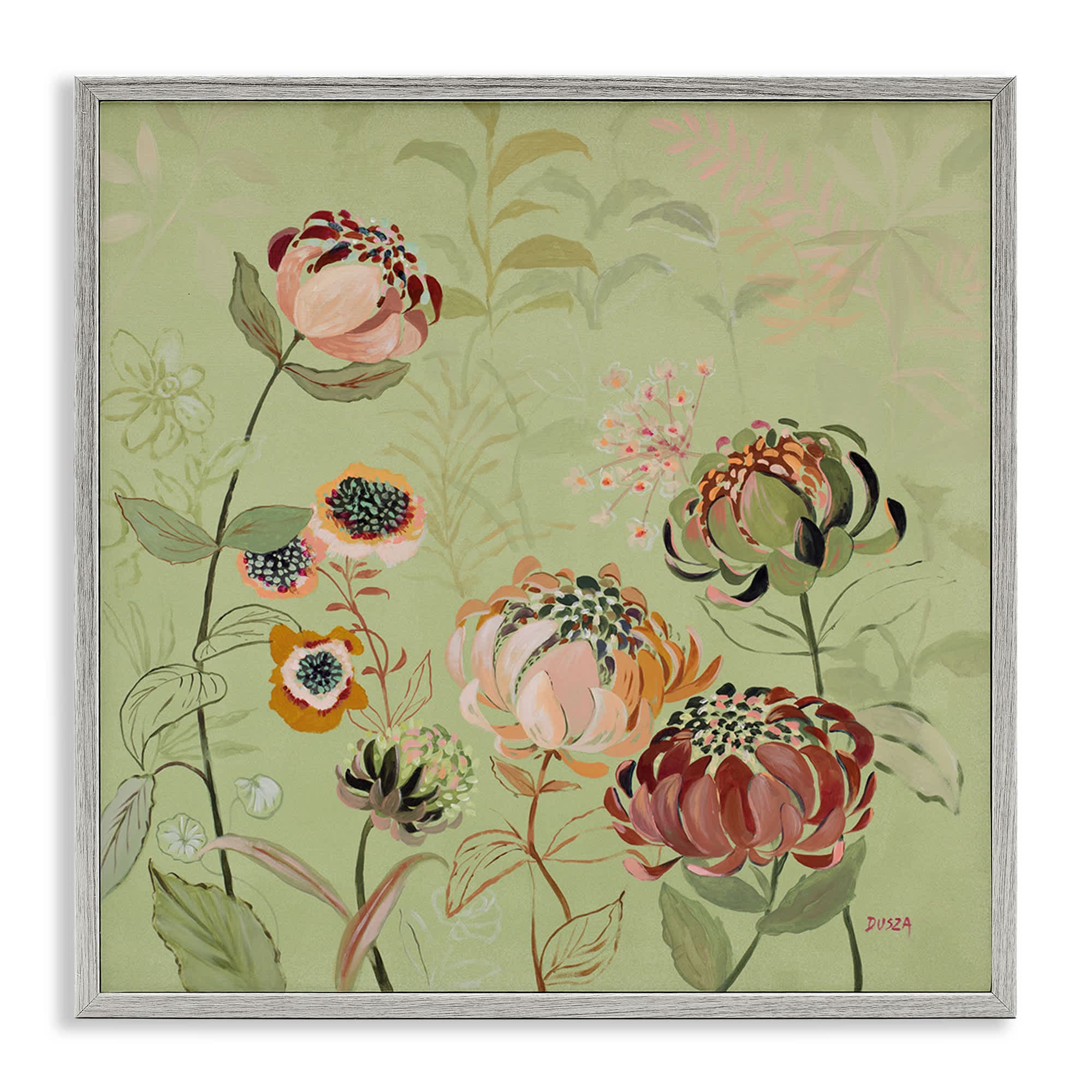 Stupell Industries BS-799-GFF-24X24 Curled Chrysanthemums on Green Gray Framed Giclee Art By Dusza 24 x 24