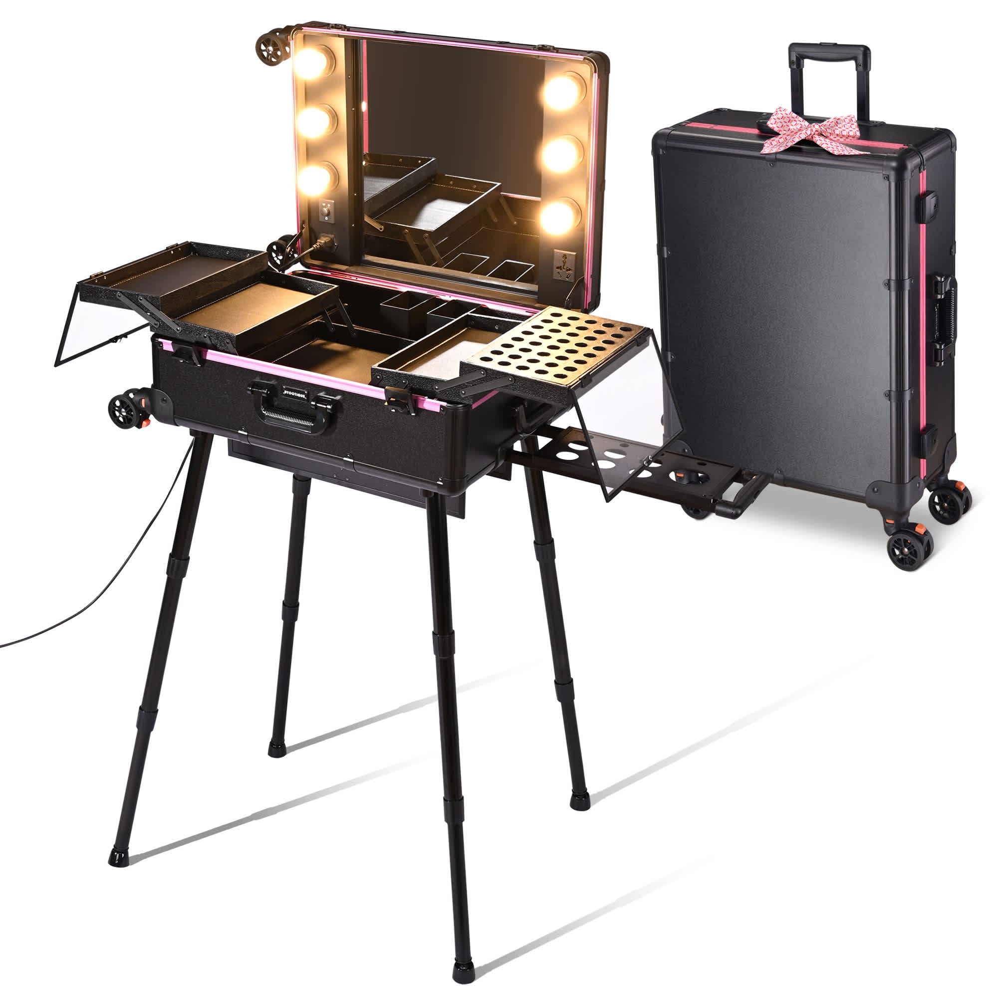 Yescom 12MKC011-LIT-4W-6-LO Byootique Rolling Makeup Case with Bulb Mirror Adjustable Leg Detachable Wheel