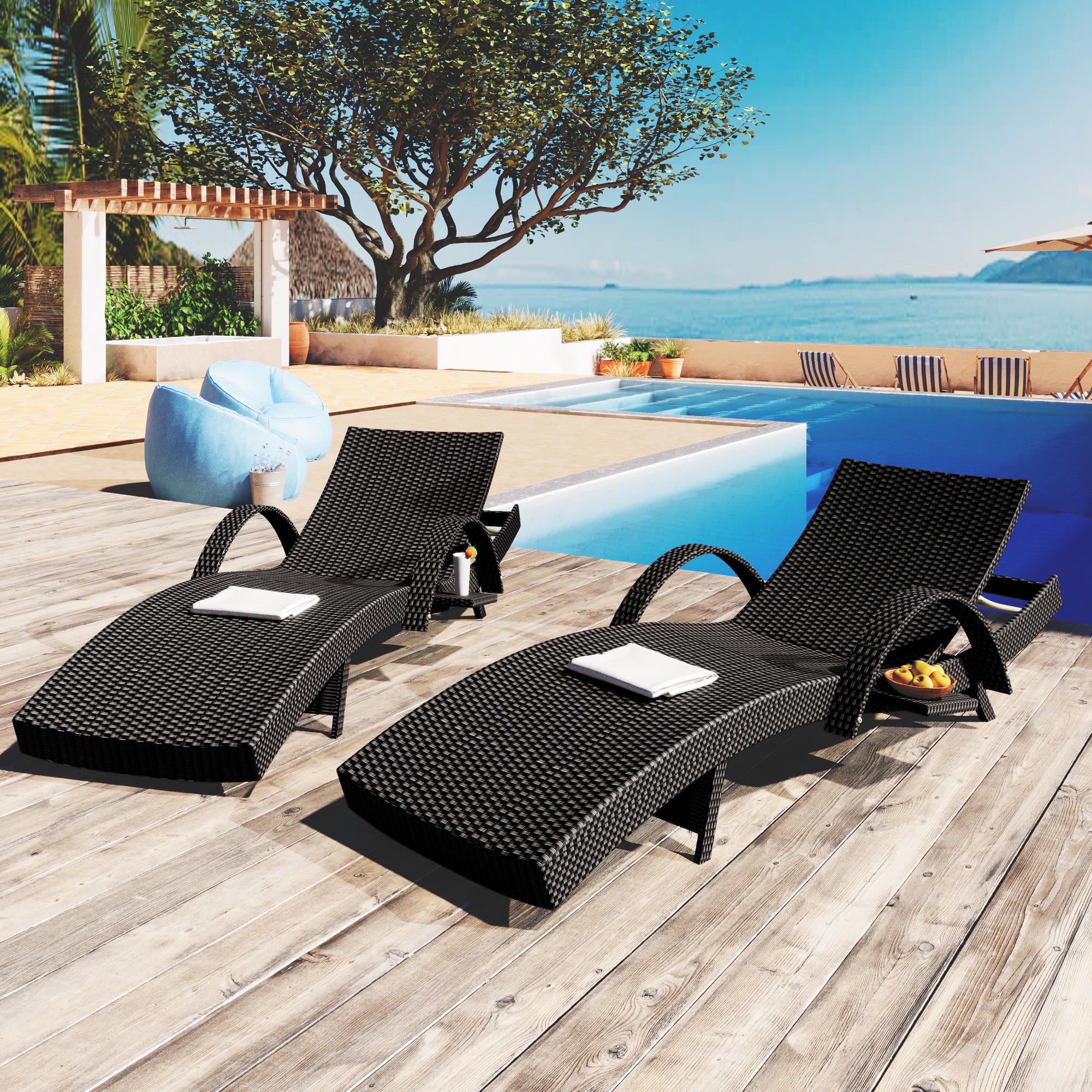 Bayfeve BFKK-1204B-OD Set of 2 Outdoor Chaise Lounge with Pull-out Side Table Set of 2 Rattan Black Steel Frame Stationary Chaise Lounge Chair with Woven Seat
