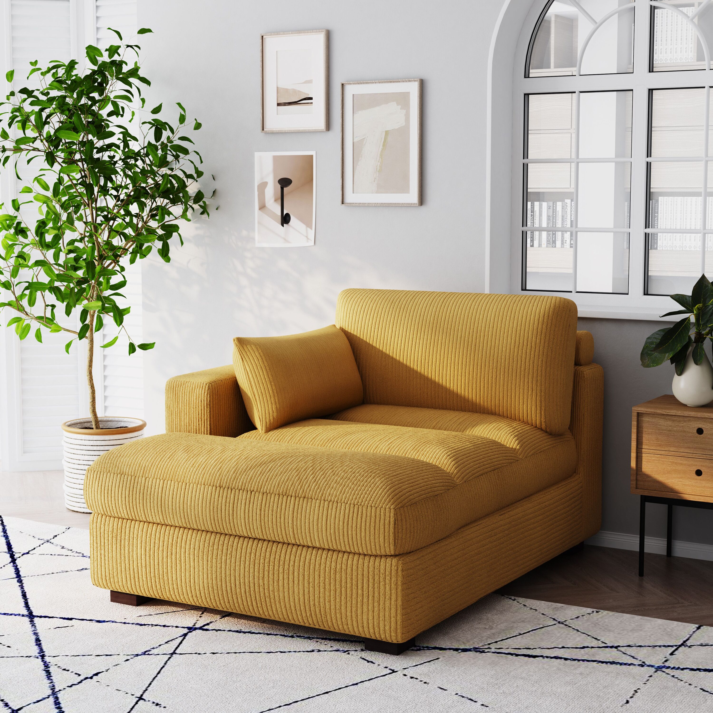 Dreamsidea Plush Upholstered Corduroy Lounge Chaise with Pillow Left Facing Orange