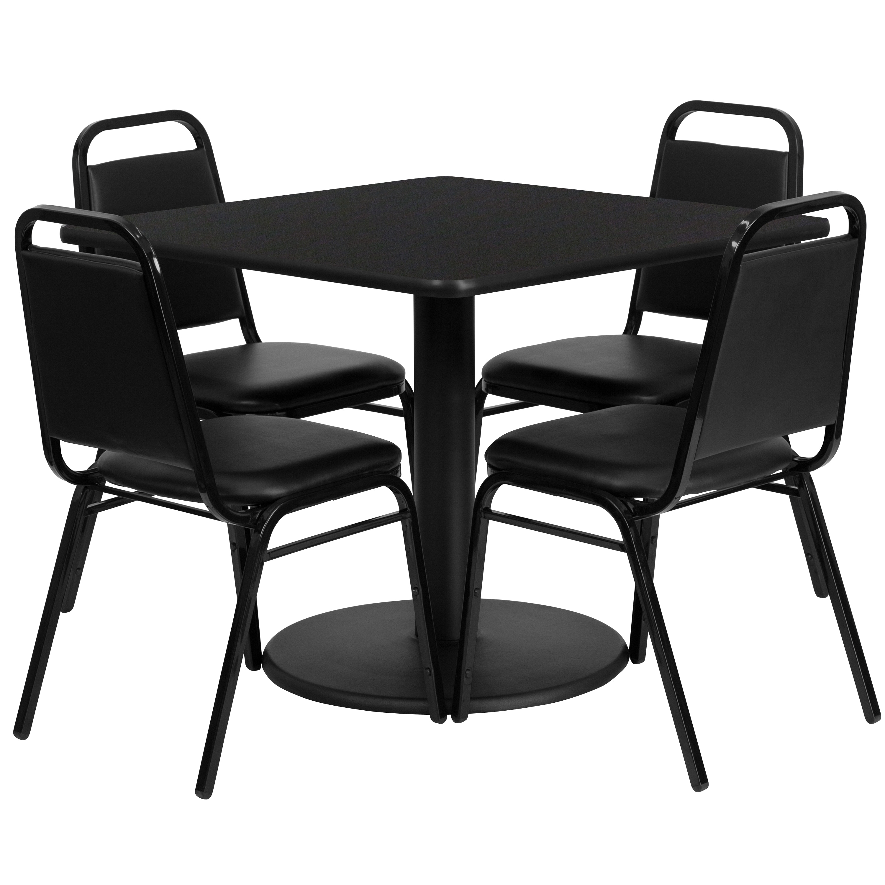 Emma + Oliver - 36-in SQ Black Laminate Table Set-RD Base and 4 Black Banquet Chairs