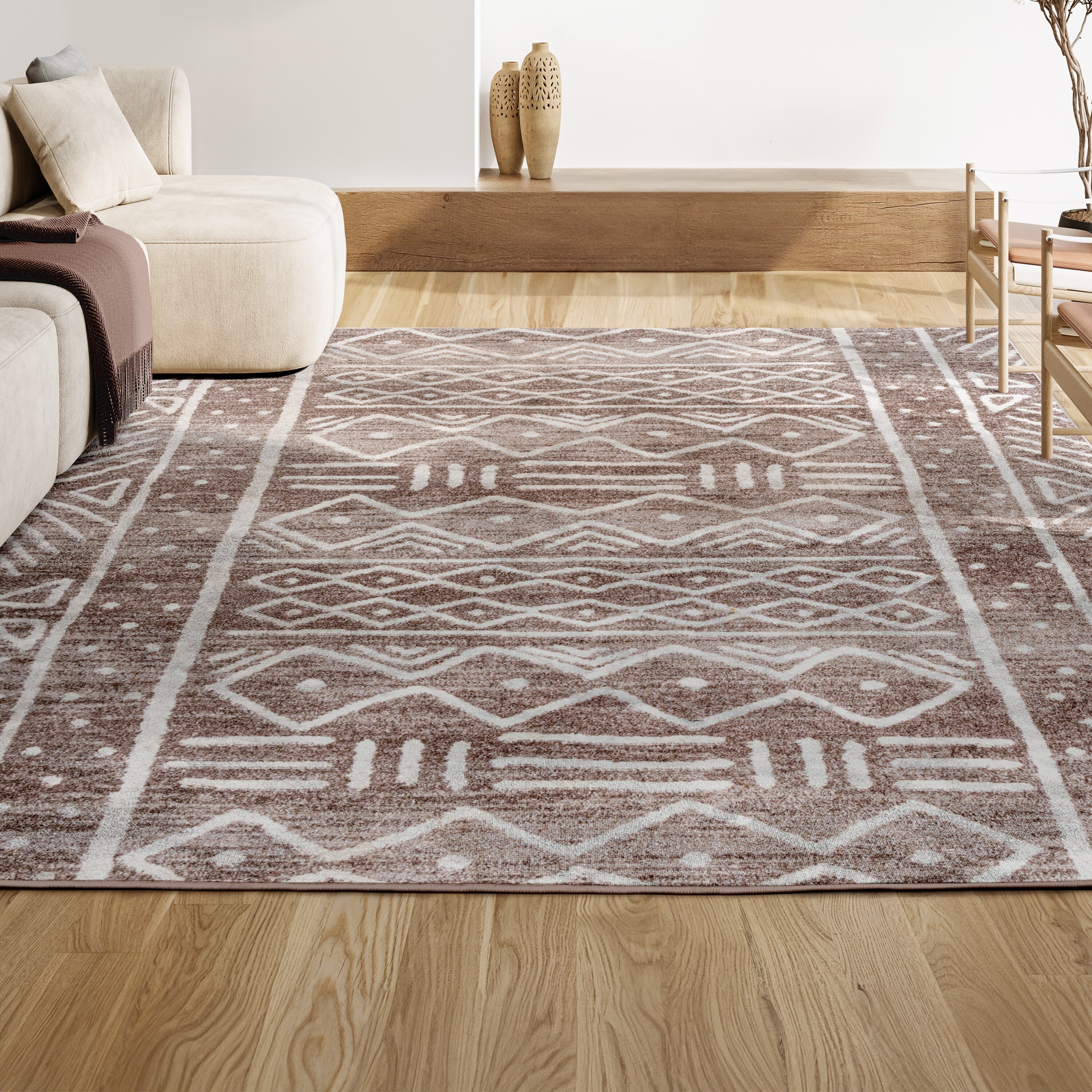 Ivory and Brown Geometric Synthetic 4' x 6' Reversible Area Rug