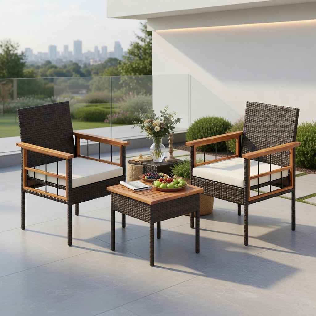 Choco Moon - 3 Piece White Wicker Patio Furniture Set with Acacia Wood Tabletop Armrests PE Ratta...