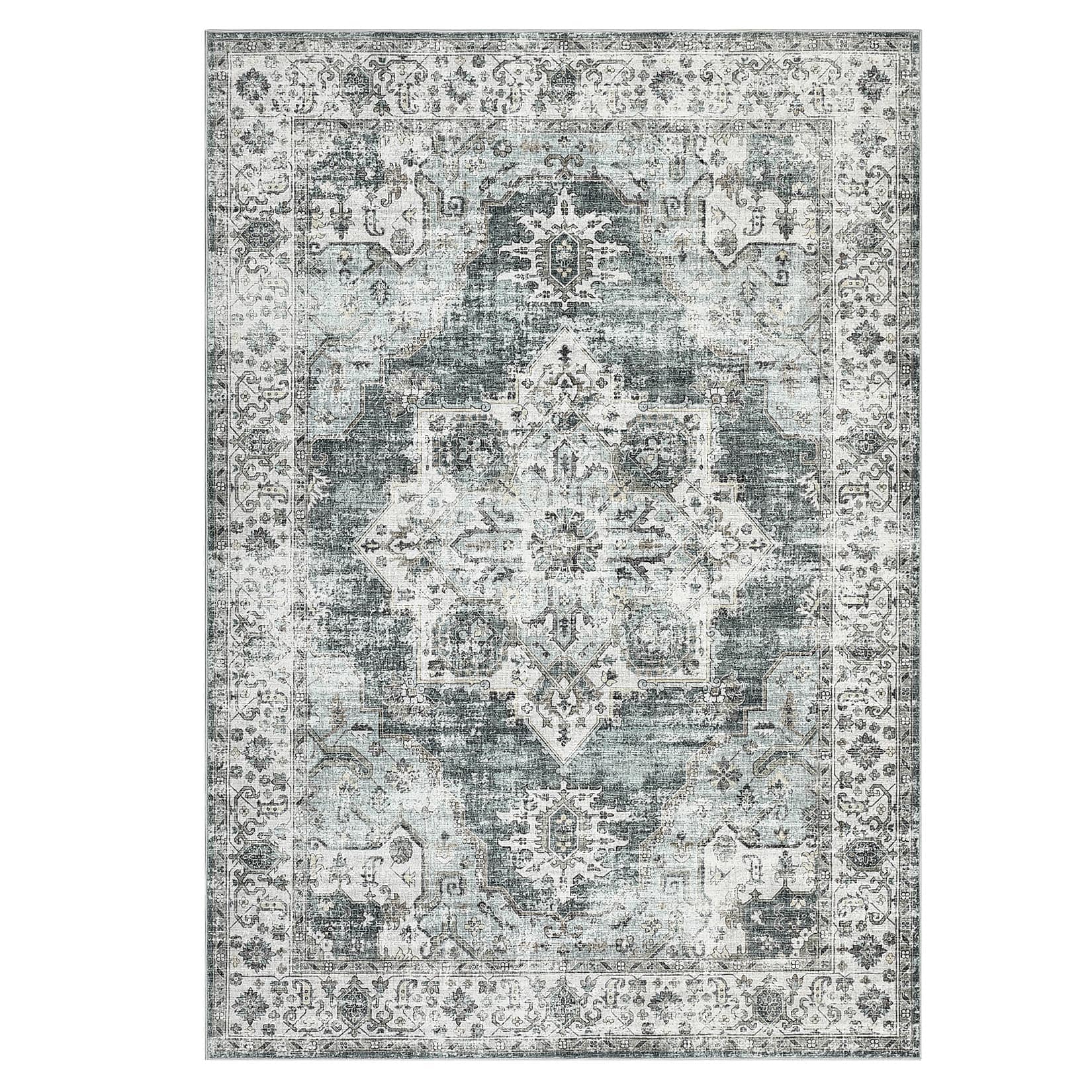 Qeetex LSN-PHK-338Y8NHP 5 x 7 ft Polyester Wool Spinning Green Rectangular Hallway Bathroom Entryway Kitchen Office Foldable Flower Printed Persian Washable Area Rug