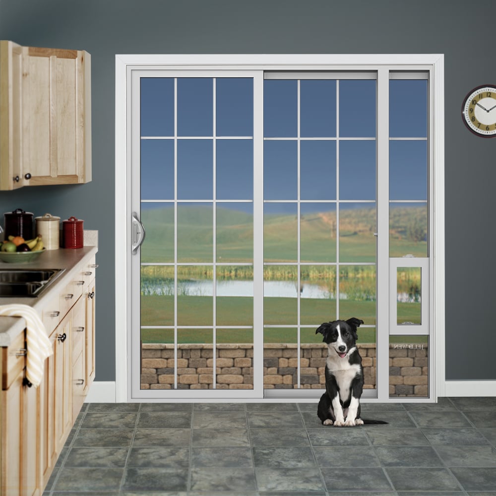 Jeld Wen 72 In X 80 In Tempered Grilles Between The Glass White Vinyl Right Hand Sliding Double Door Sliding Patio Door Screen Included Pet Door Included In The Patio Doors Department At Lowes Com