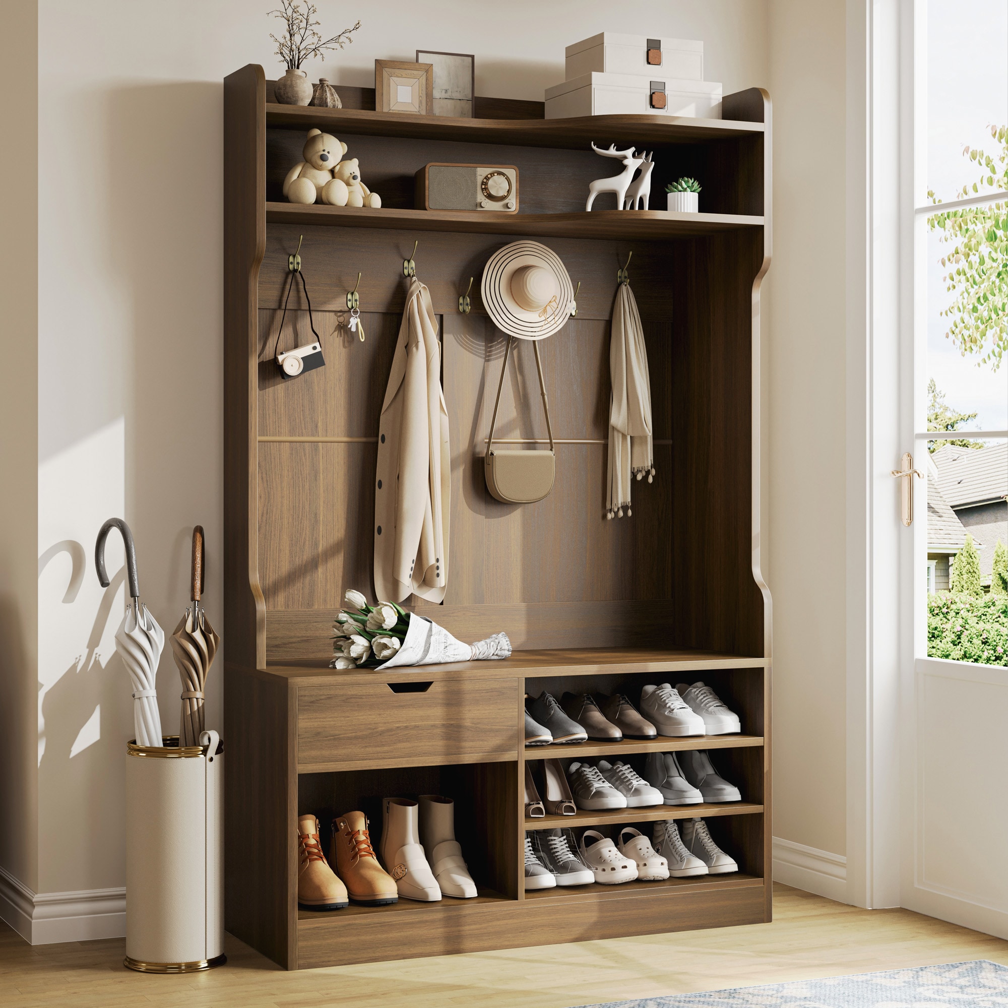 vividwood - 42.9 Inch 5 in 1 Hall Tree with Bench and Shoe Storage Freestanding Entryway Coat Rac...
