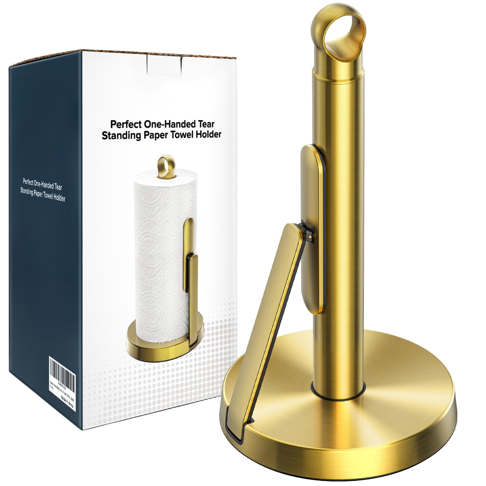 Afoxsos stainless steel paper towel holder with weighted non slip base tension arm for easy single handed tear fits all rolls gold 1 Piece