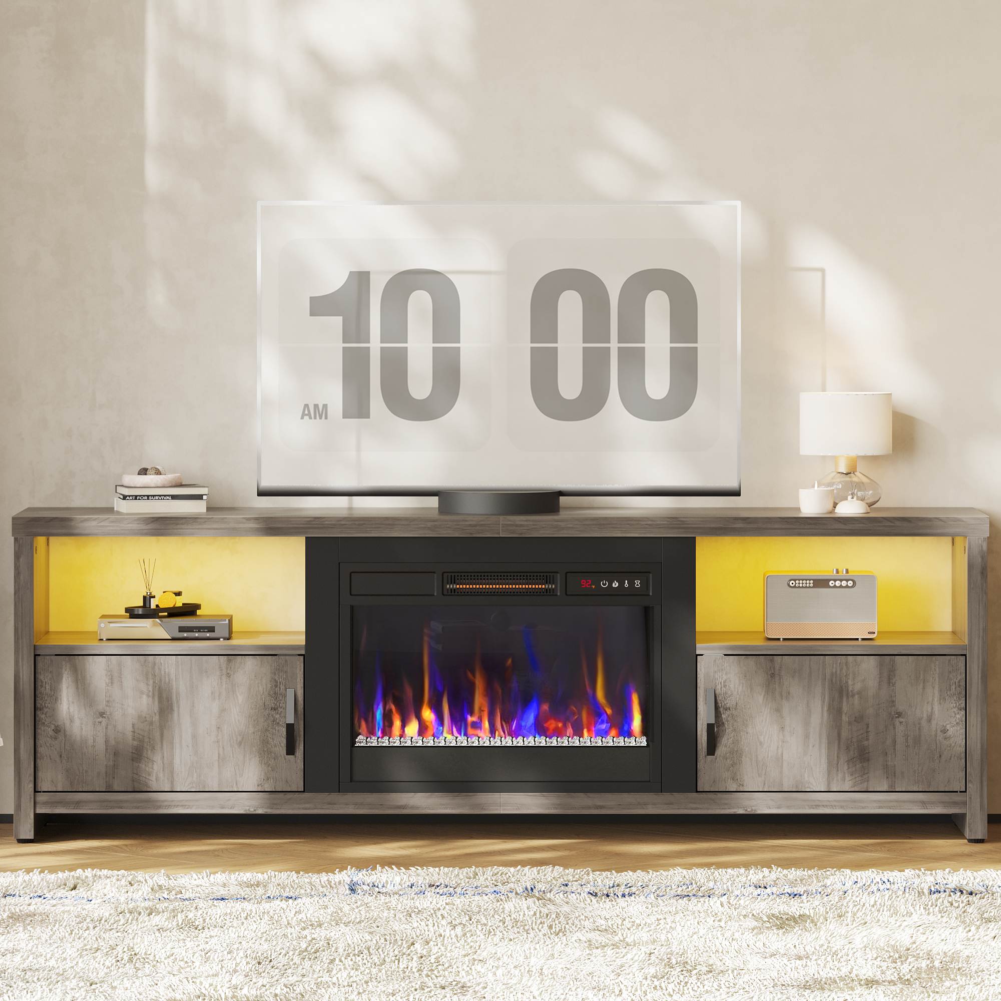 Bestier 70.87-in W Gray LED Electric Fireplace TV Stand for 75 inches TV With Storage Cabinets and Fireplace #LOW-L101217ZFP-GRYW2