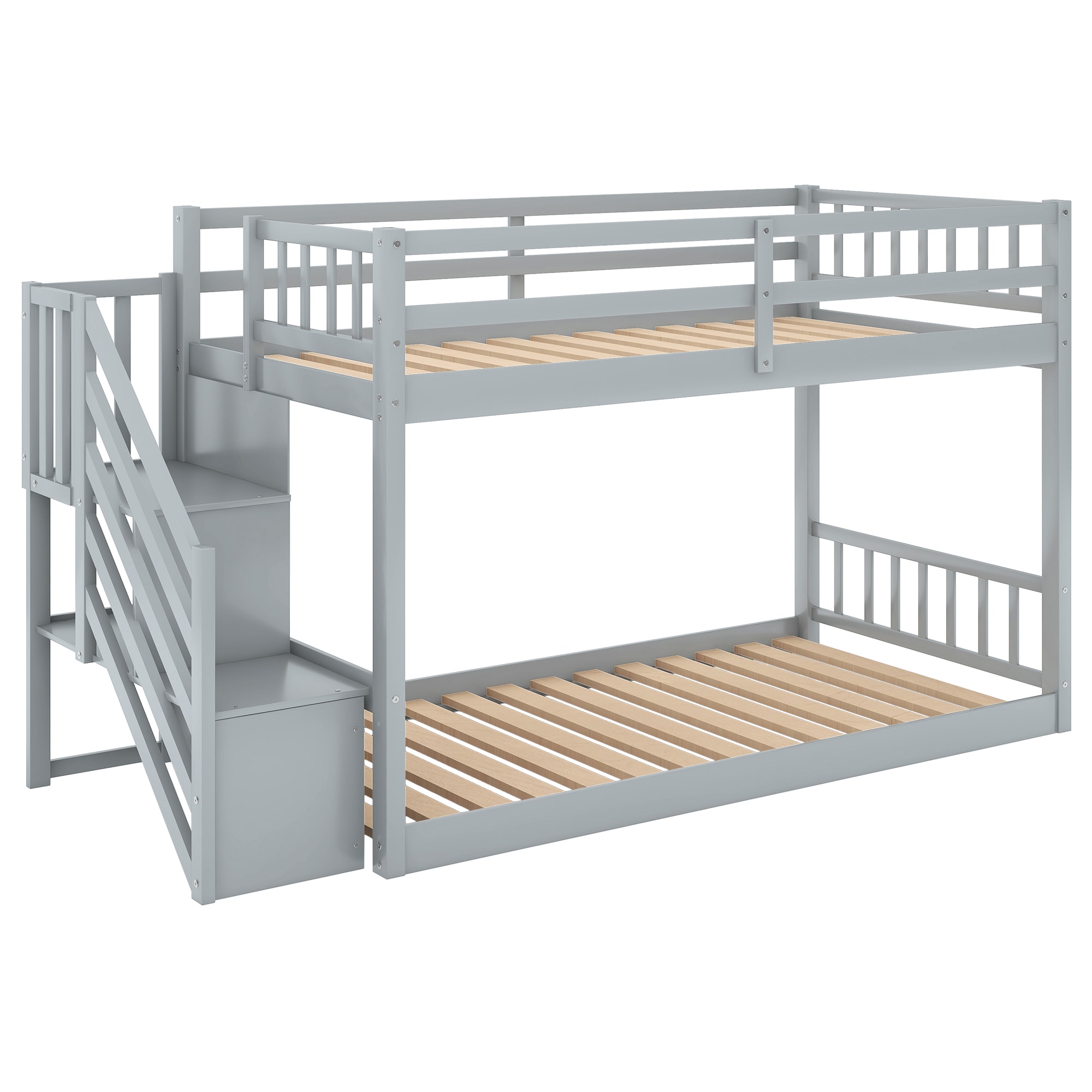 Qualler Gray Twin Over Twin Bunk Bed with Storage Staircase, Solid Wood ...