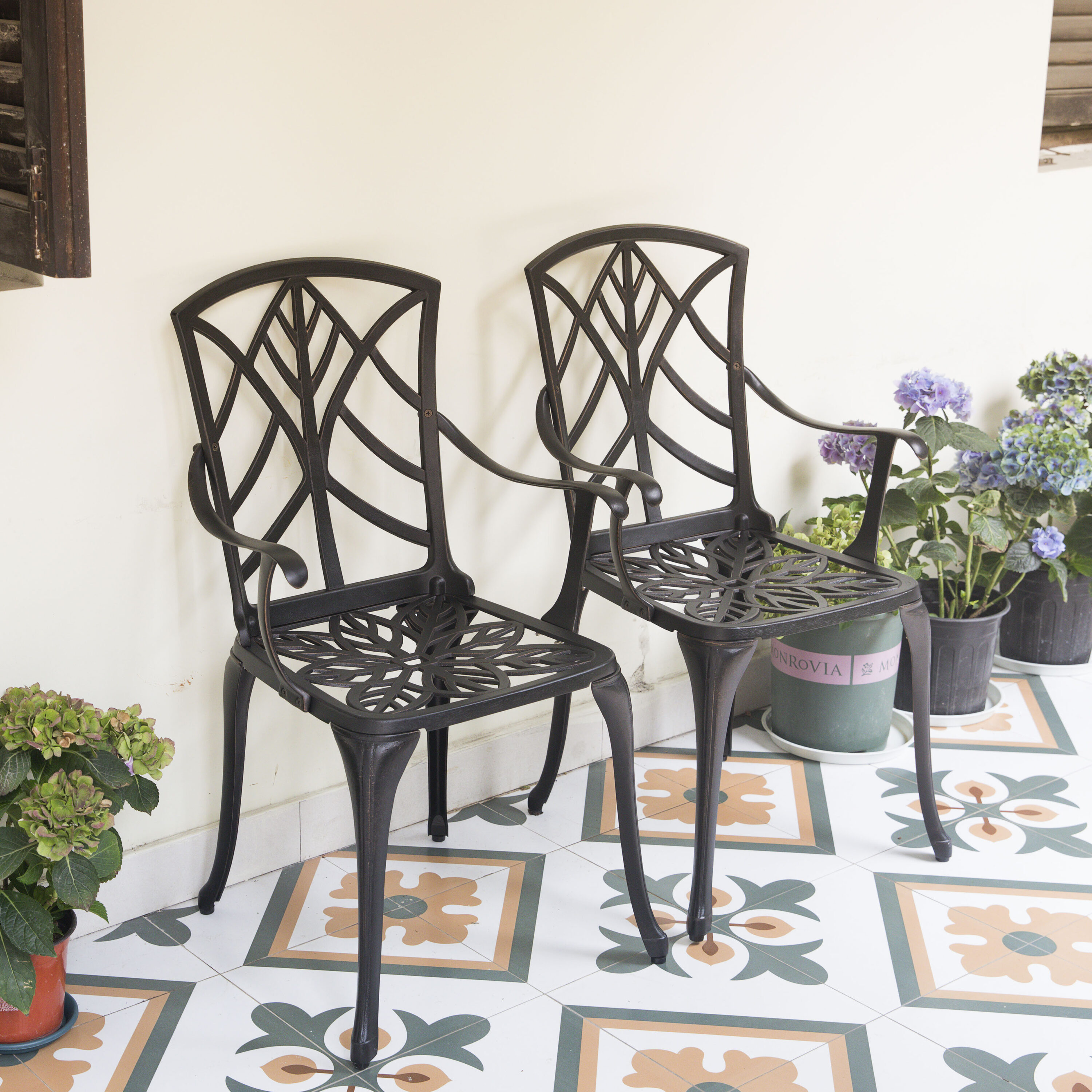 Nuu Garden CD005 Set of 2 Black with gold-painted edge Aluminum Frame Stationary Balcony Chair with Solid Seat