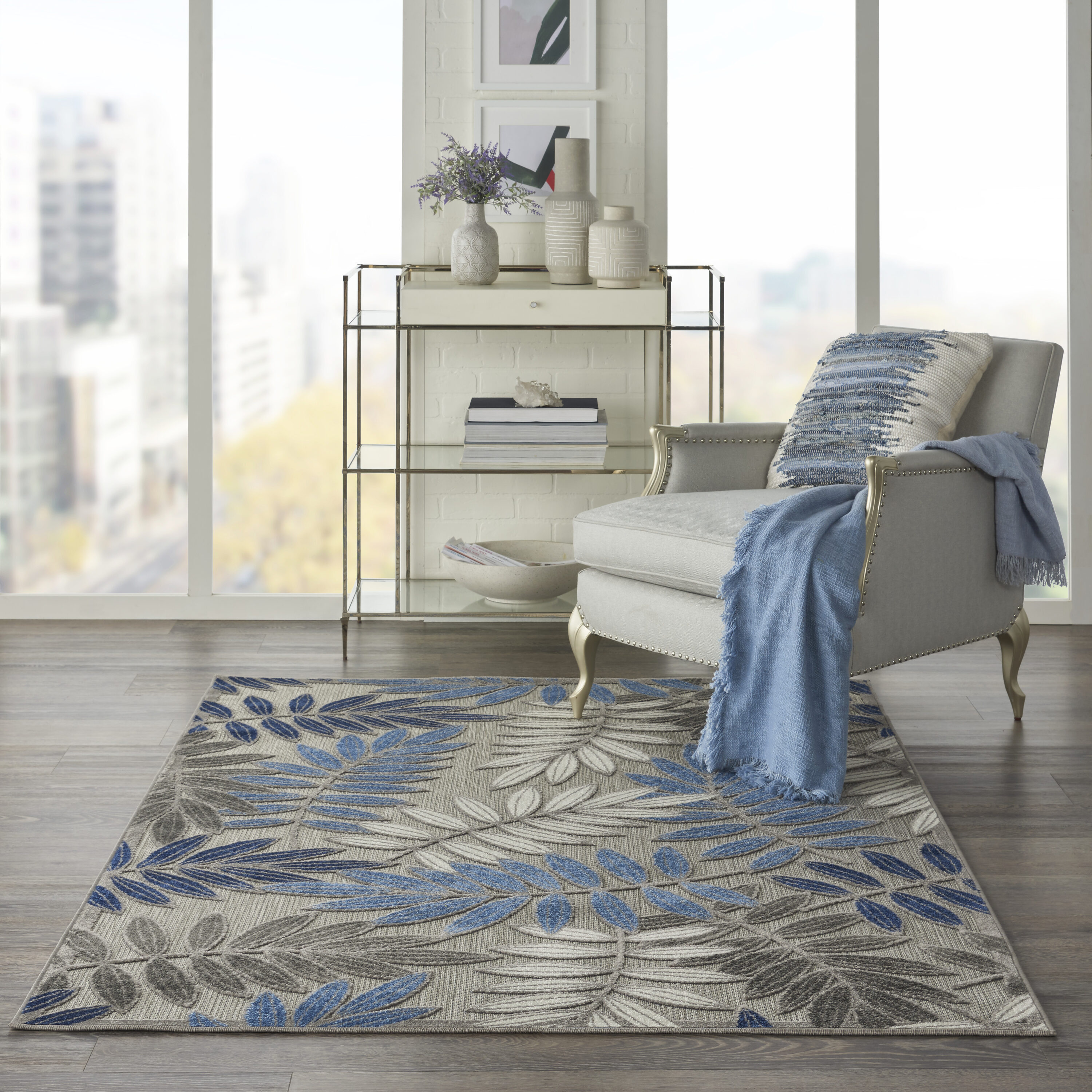 Nourison 99446739278 Aloha 3 x 5 (ft) Loomed Polypropylene Grey/blue Rectangular Indoor/Outdoor Floral/Botanical Coastal Area rug