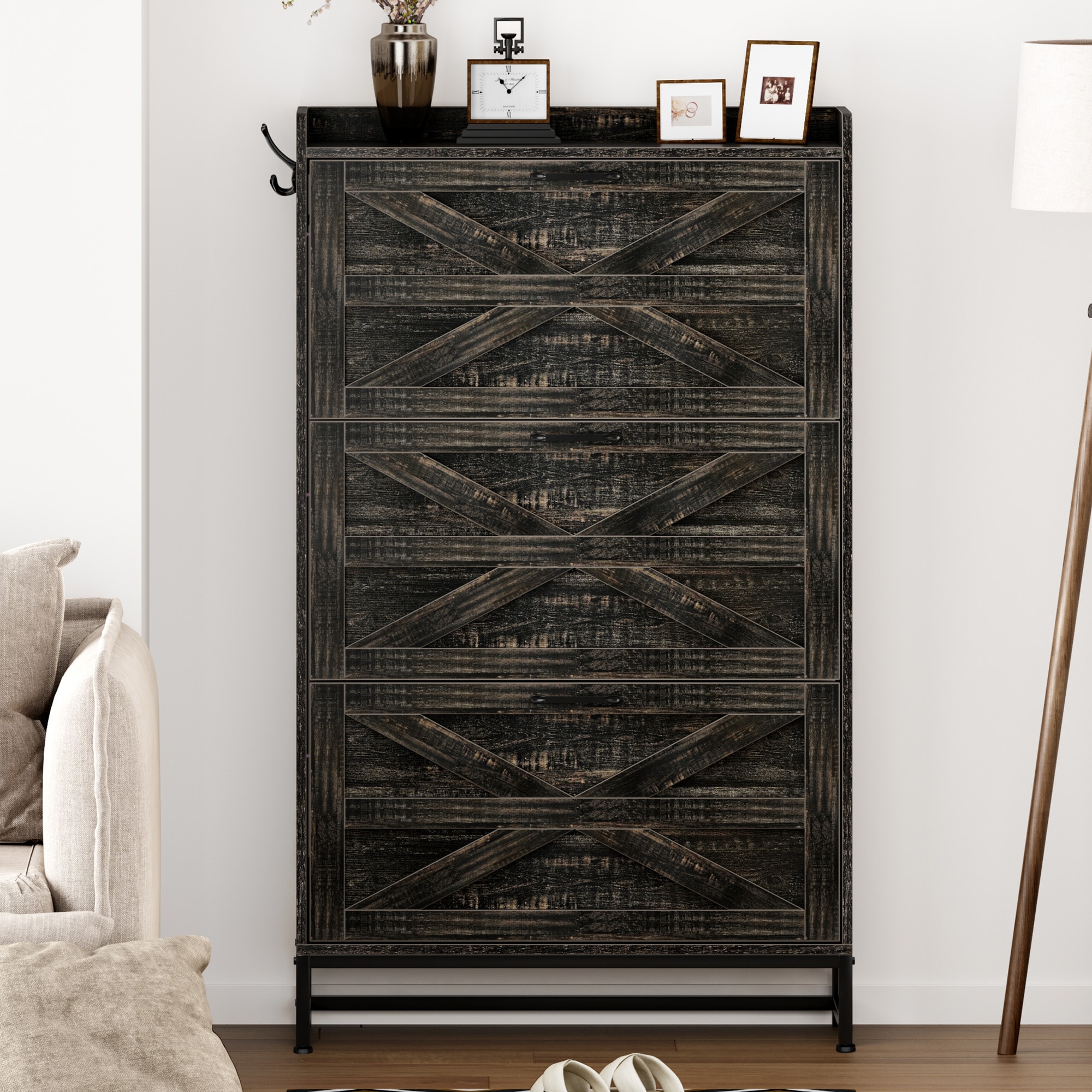 LOVMOR SF-H-W2896P215175 Ultra Slim Shoe Cabinet 2 Drawer Entryway Storage Rack Narrow Rustic Brown